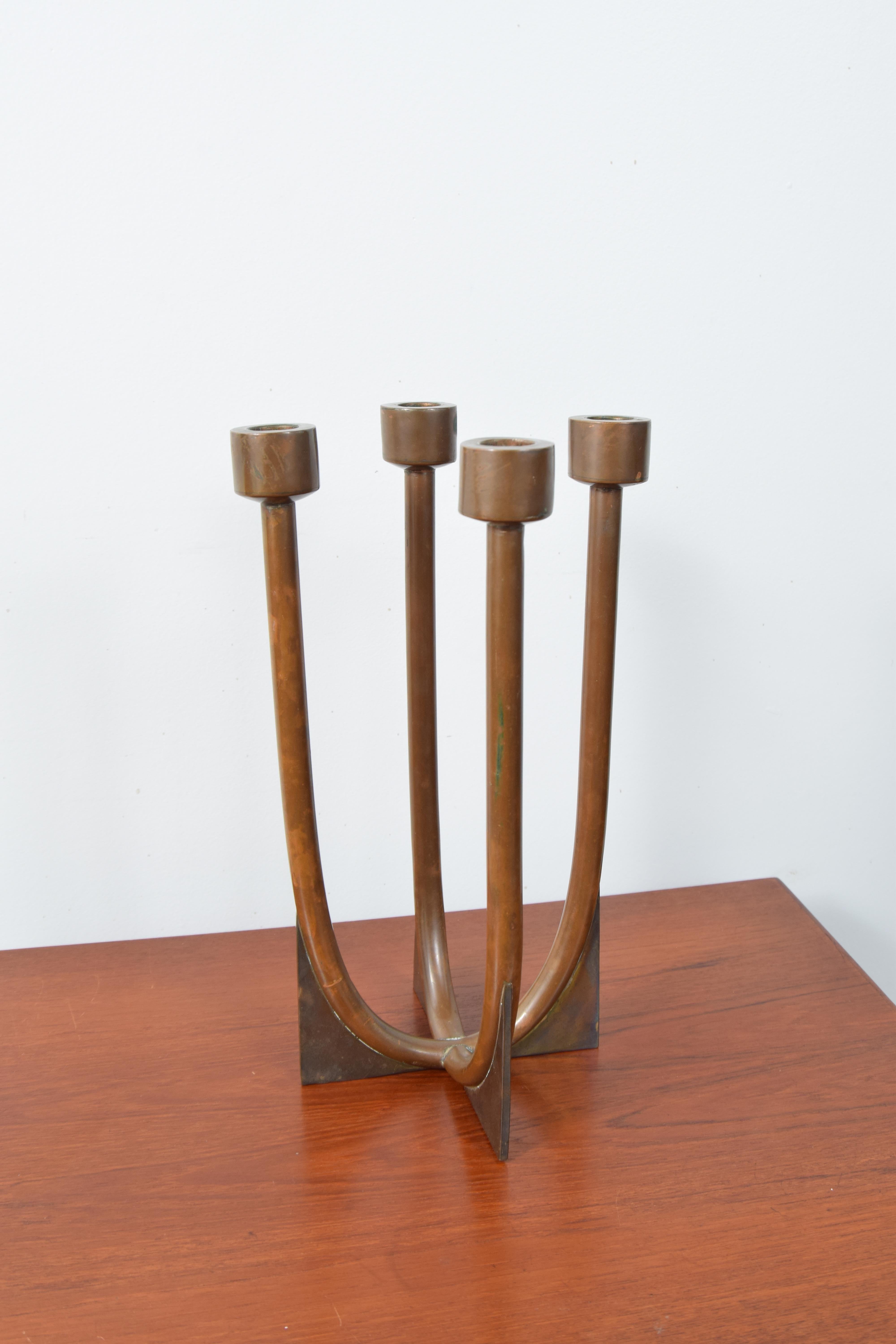 Copper and brass candelabra by legendary Taxco, Mexico Silversmith Antoñio Pineda, circa 1953. Fully signed with the 