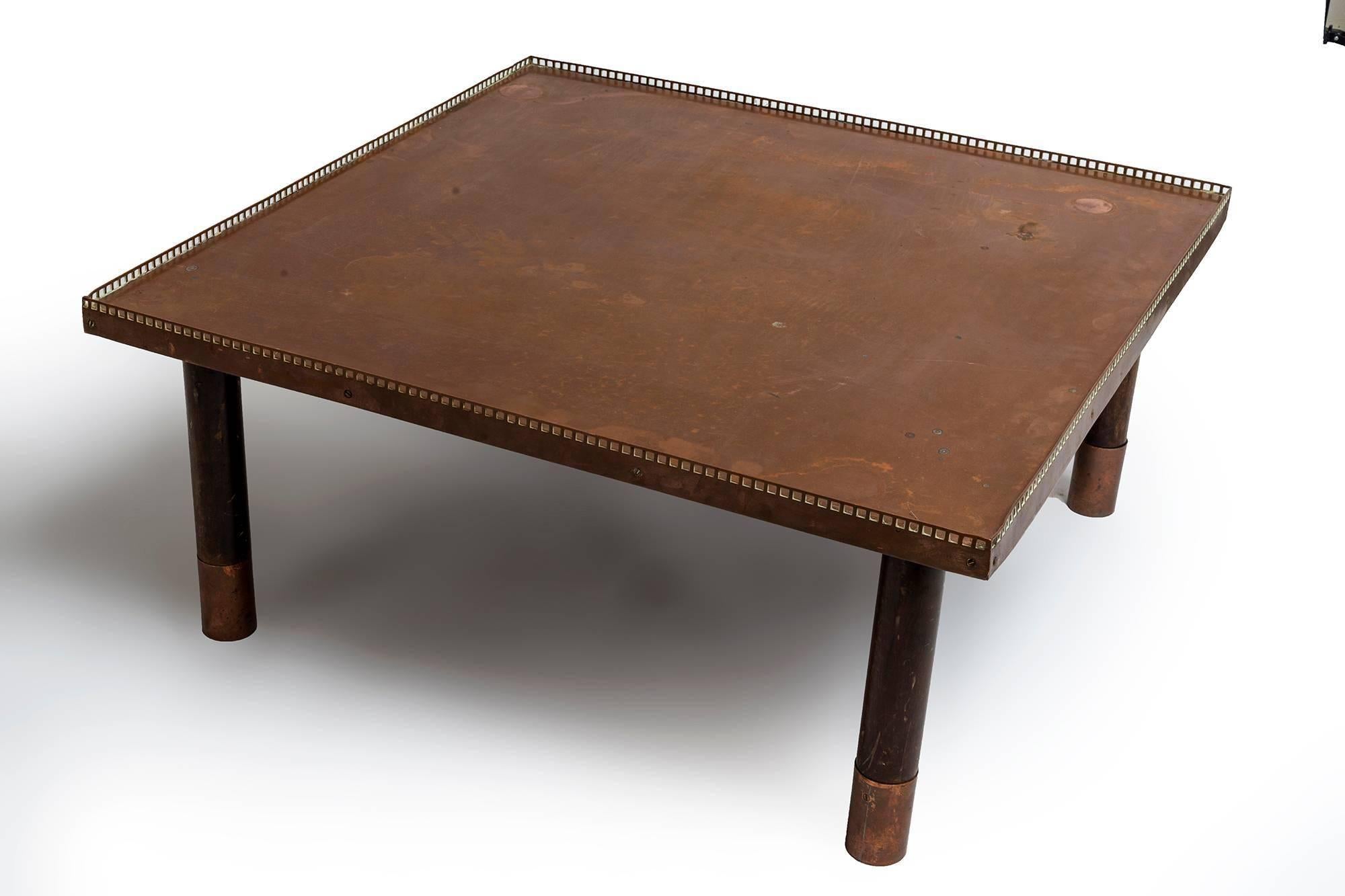 Two sets of large and smaller version of copper and brass end tables, French, 1900. Additional information shows dimensions and pricing for each of these sizes and variants. Two pairs of mahogany/bronze side table one with copper covered tops.