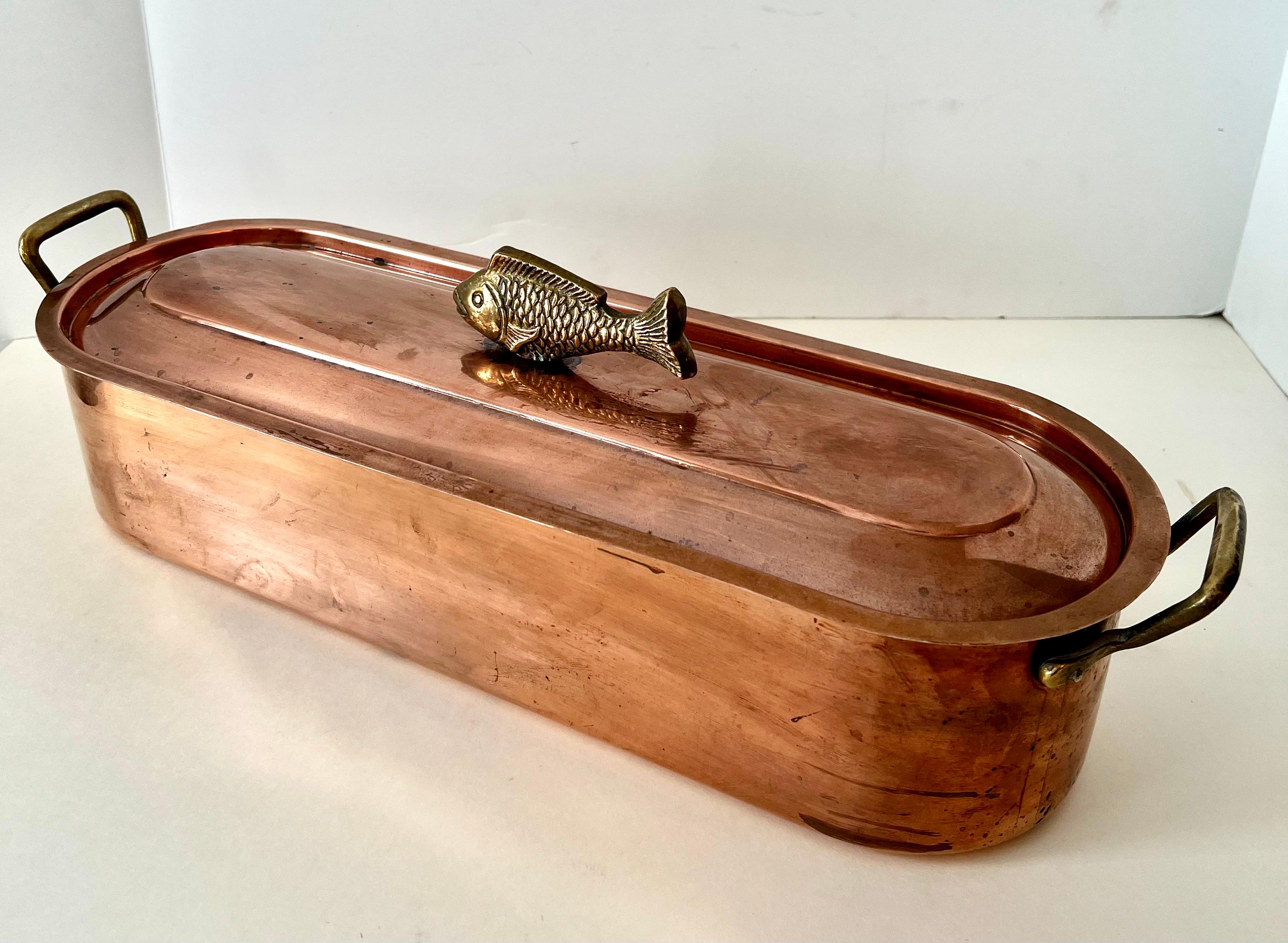 Copper and Brass Fish Poacher Stainless Rack with Decorative Brass Fish