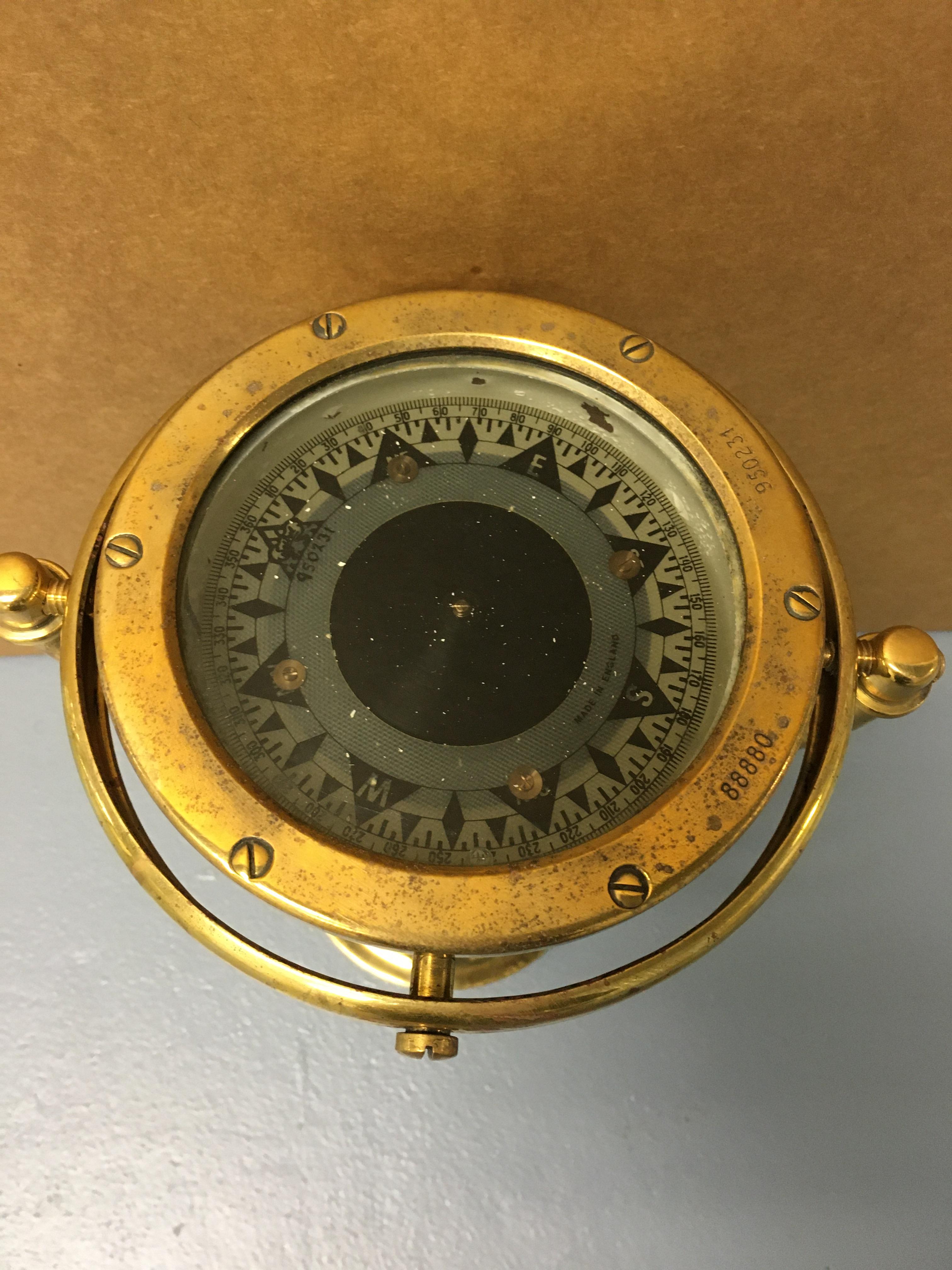 Industrial Copper and Brass Gimballed Nautical Compass, English