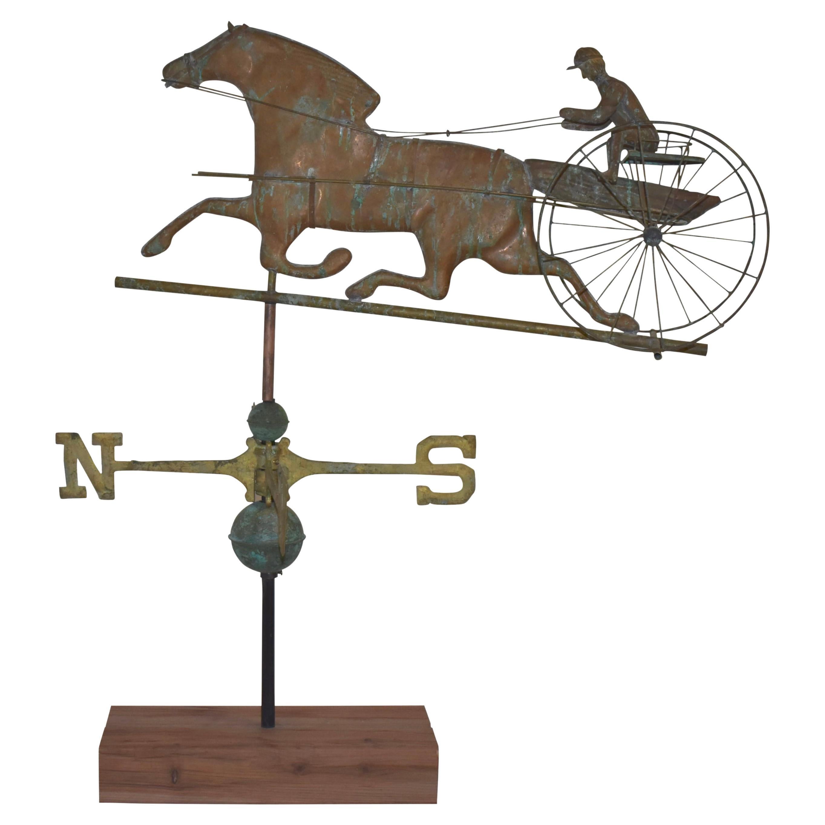 Copper and Brass Horse, Sulky, and Driver Weathervane with Directionals