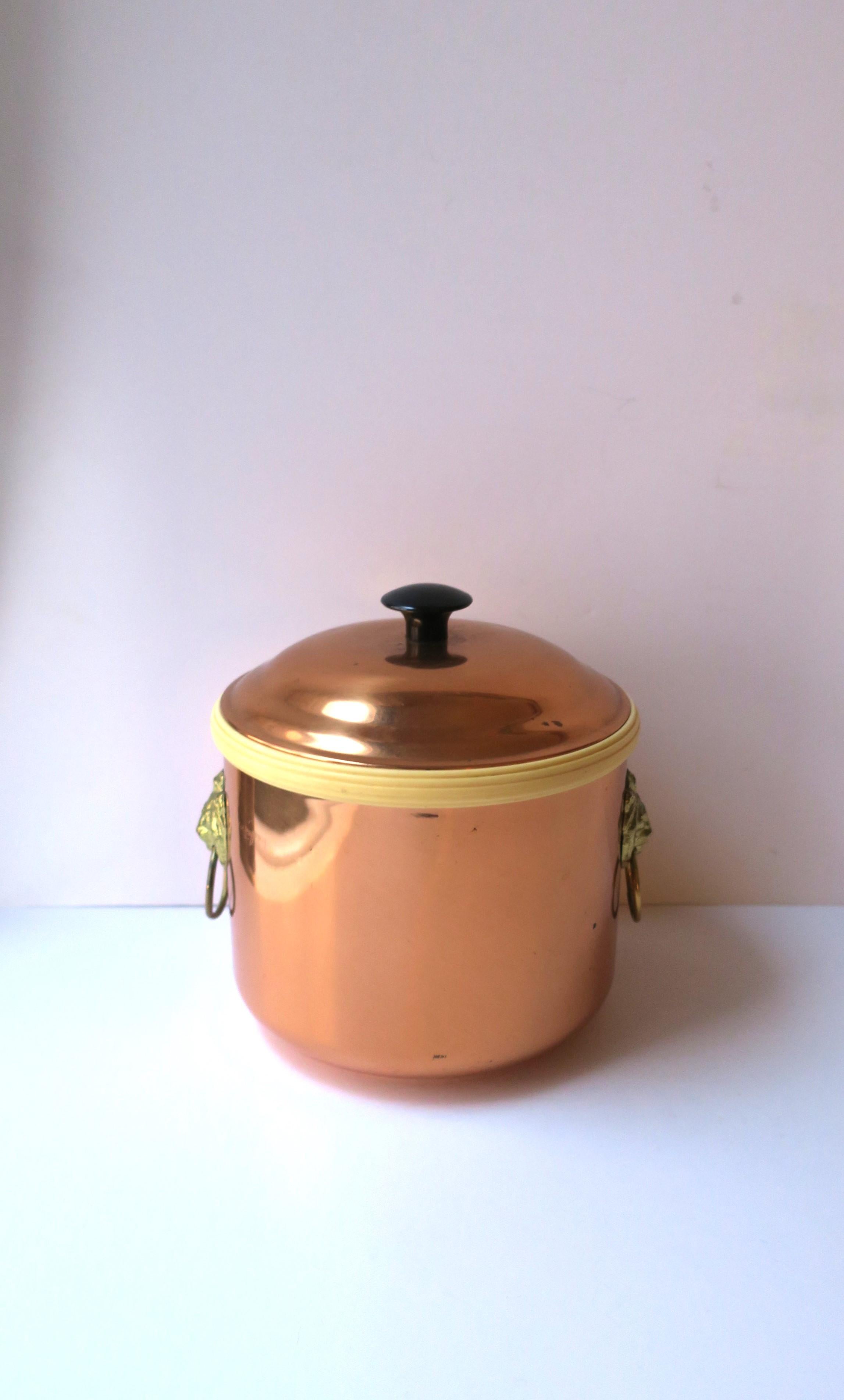 A copper and brass ice bucket with lion head design, in the Empire style, circa mid-20th century. This copper ice bucket with lid, has brass lion head and loop design on sides (or front/back depending on the way it's positioned), plastic lined