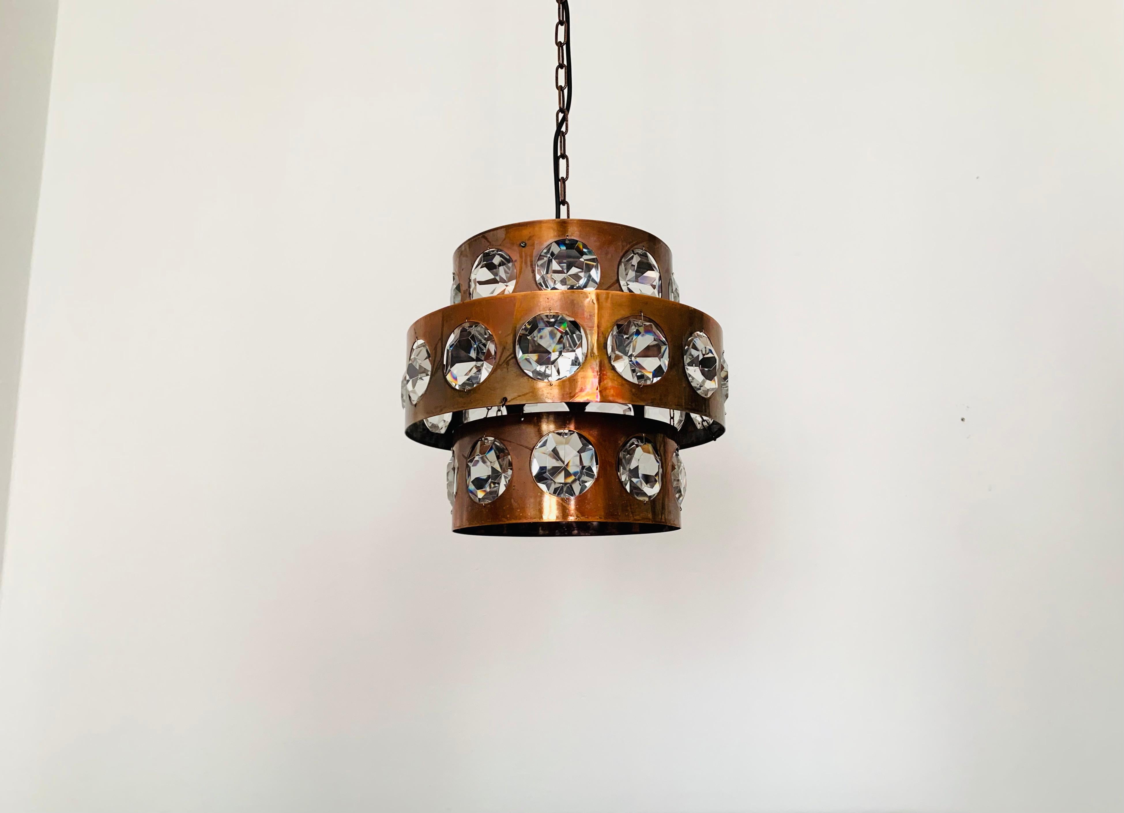 German Copper and Crystal Glass Chandelier For Sale
