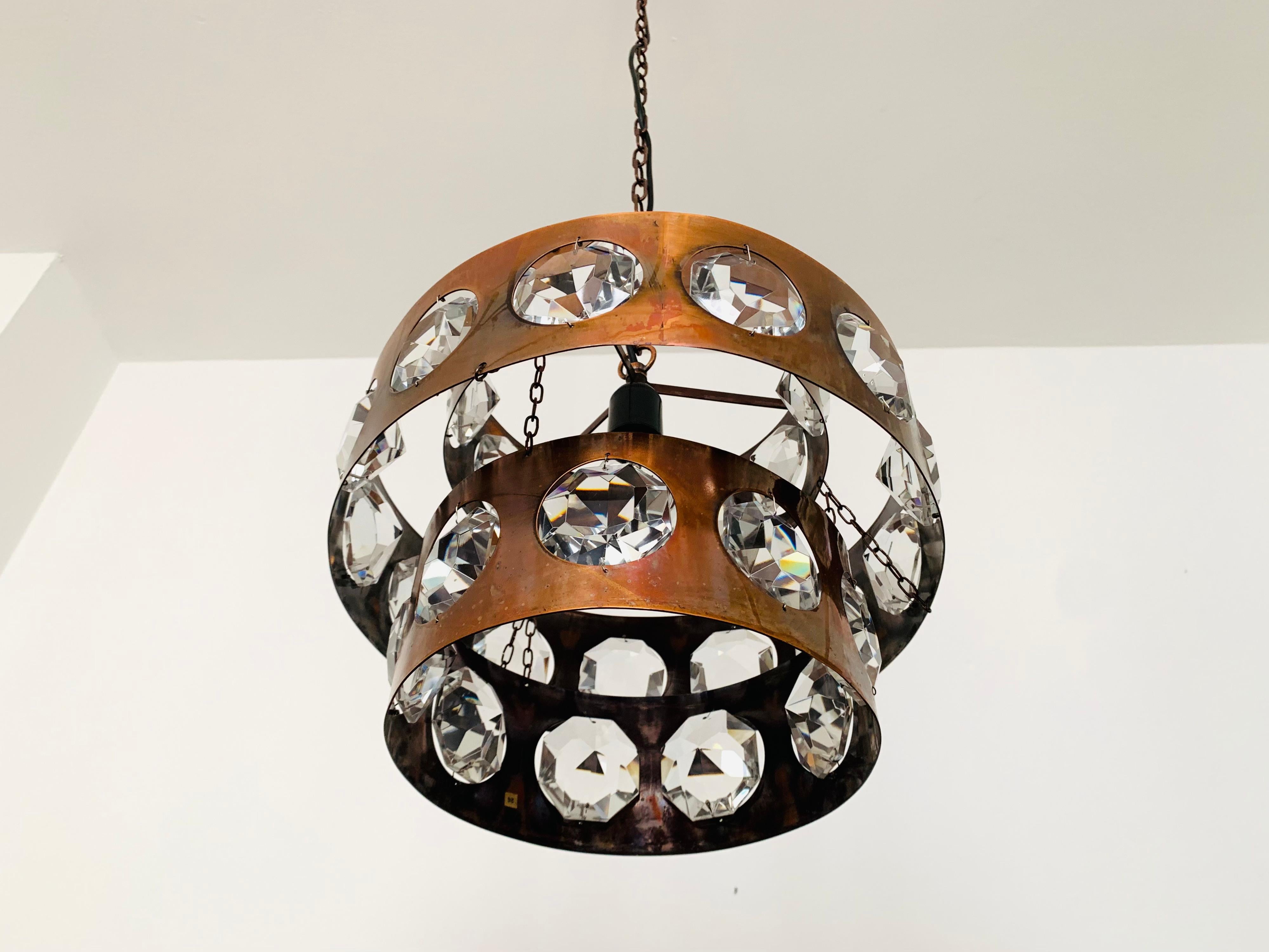 Mid-20th Century Copper and Crystal Glass Chandelier For Sale