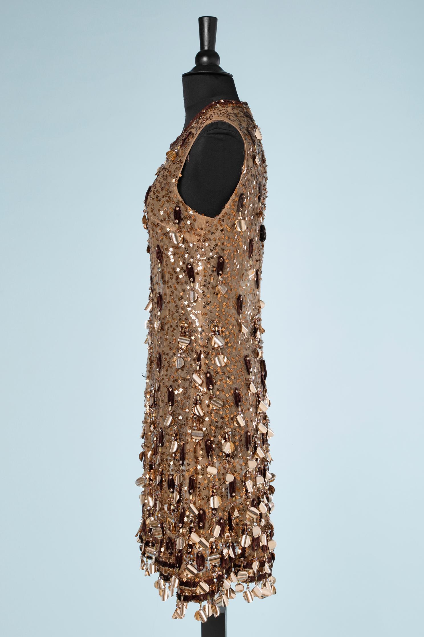 Copper and gold sequins embroidered sleeveless dress see-through  In Excellent Condition In Saint-Ouen-Sur-Seine, FR