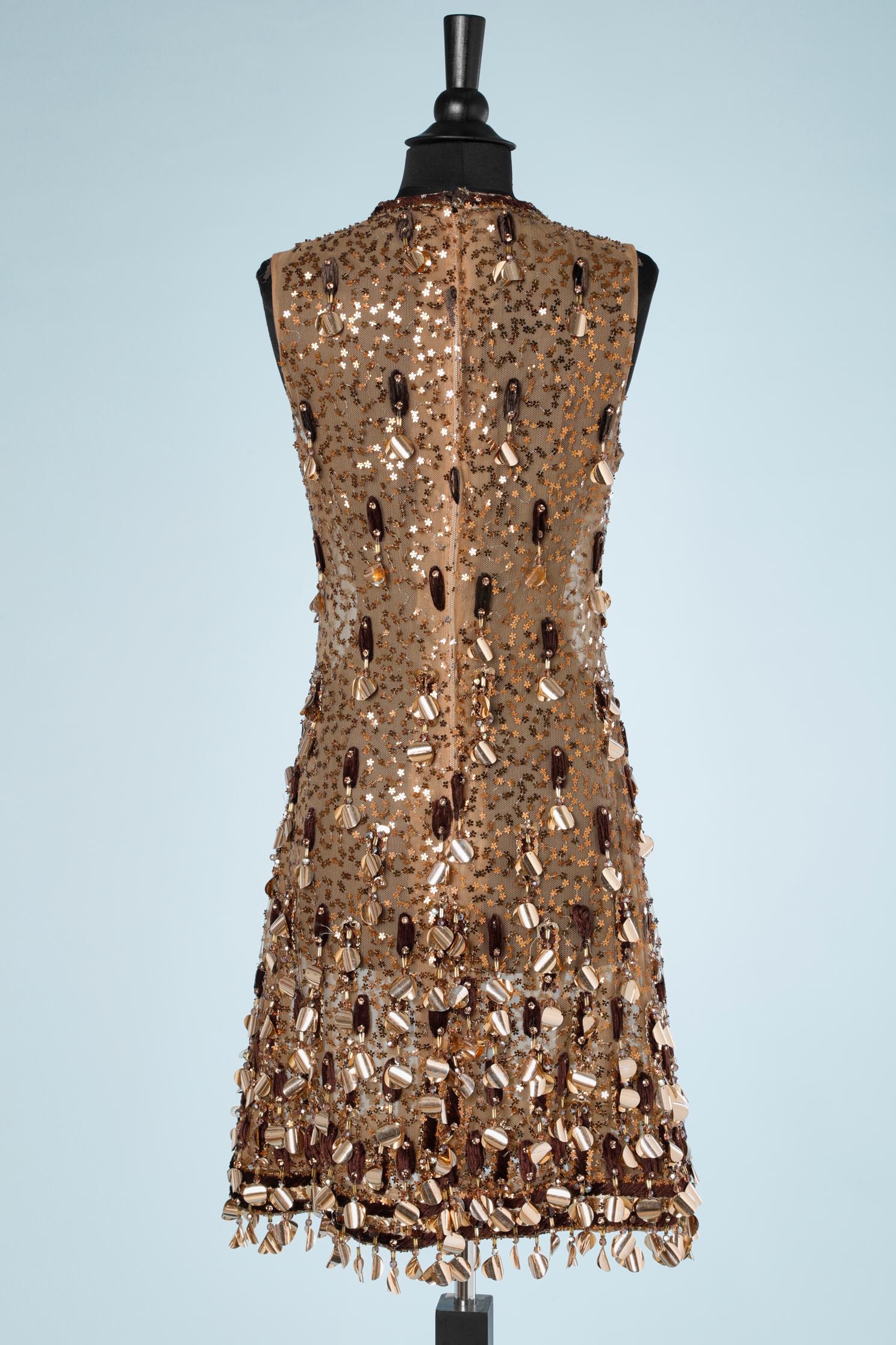 Women's Copper and gold sequins embroidered sleeveless dress see-through 