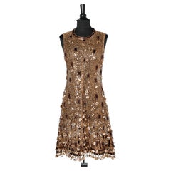 Copper and gold sequins embroidered sleeveless dress see-through 