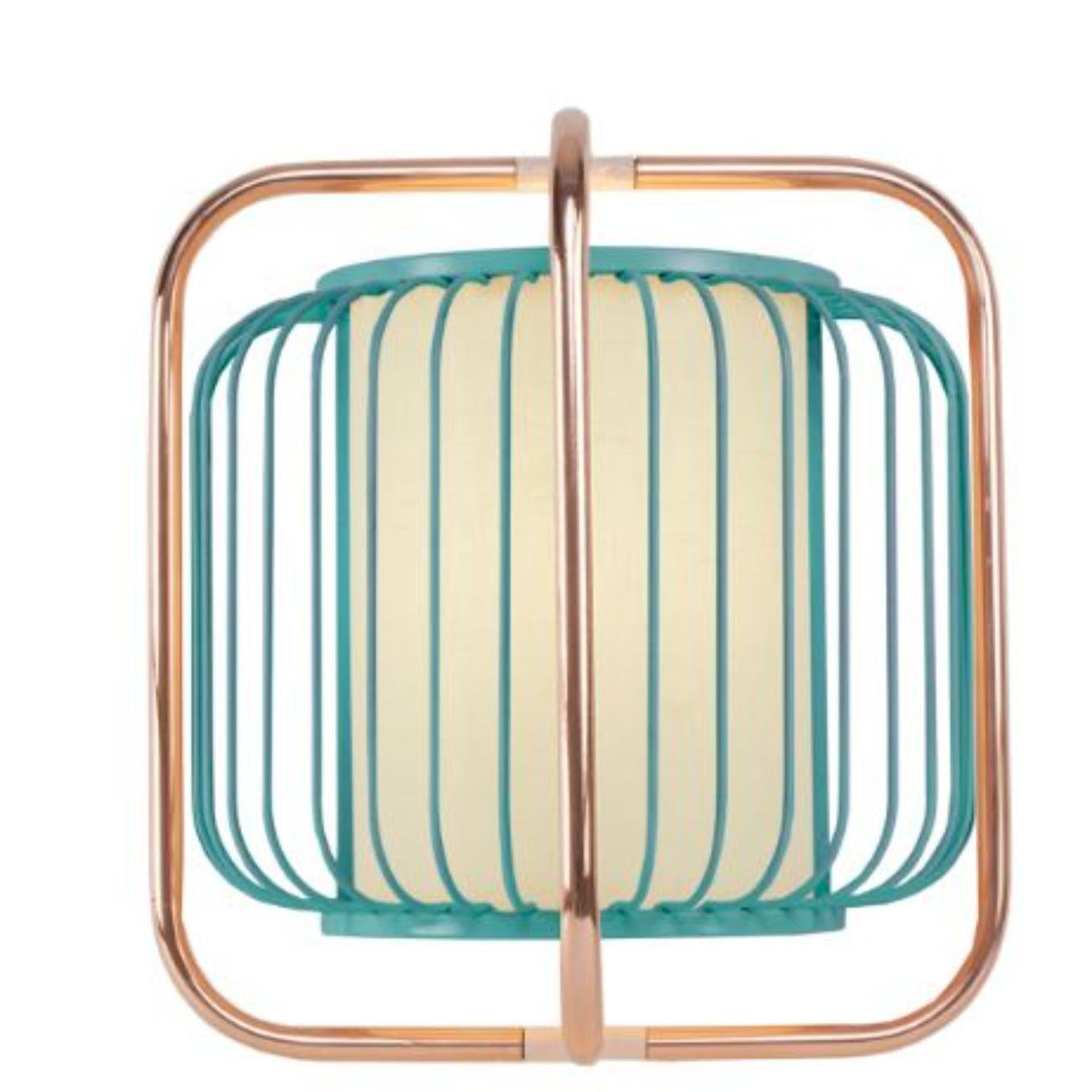 Copper and mint jules wall lamp by Dooq.
Dimensions: W 40 x D 23 x H 40 cm
Materials: lacquered metal, polished or brushed metal, copper.
Abat-jour: cotton
Also available in different colors and materials.

Information:
230V/50Hz
E14/1x15W