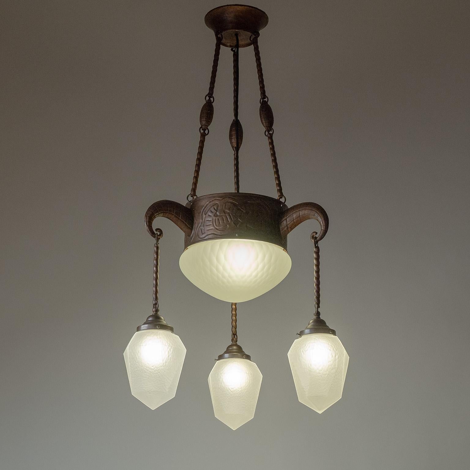 Art Deco Copper and Satin Glass Chandelier, 1920s For Sale