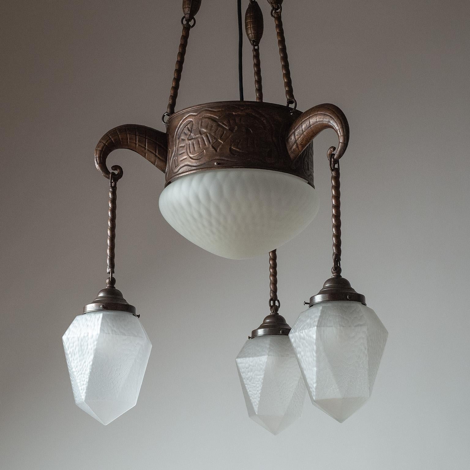 Copper and Satin Glass Chandelier, 1920s For Sale 1