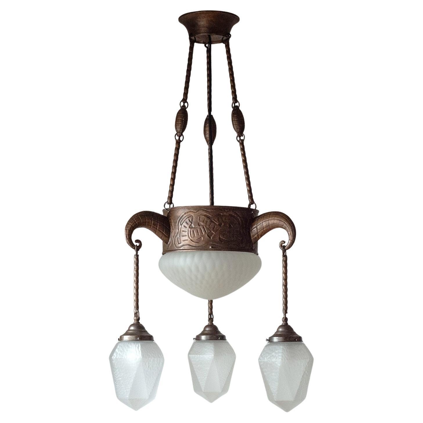 Copper and Satin Glass Chandelier, 1920s For Sale