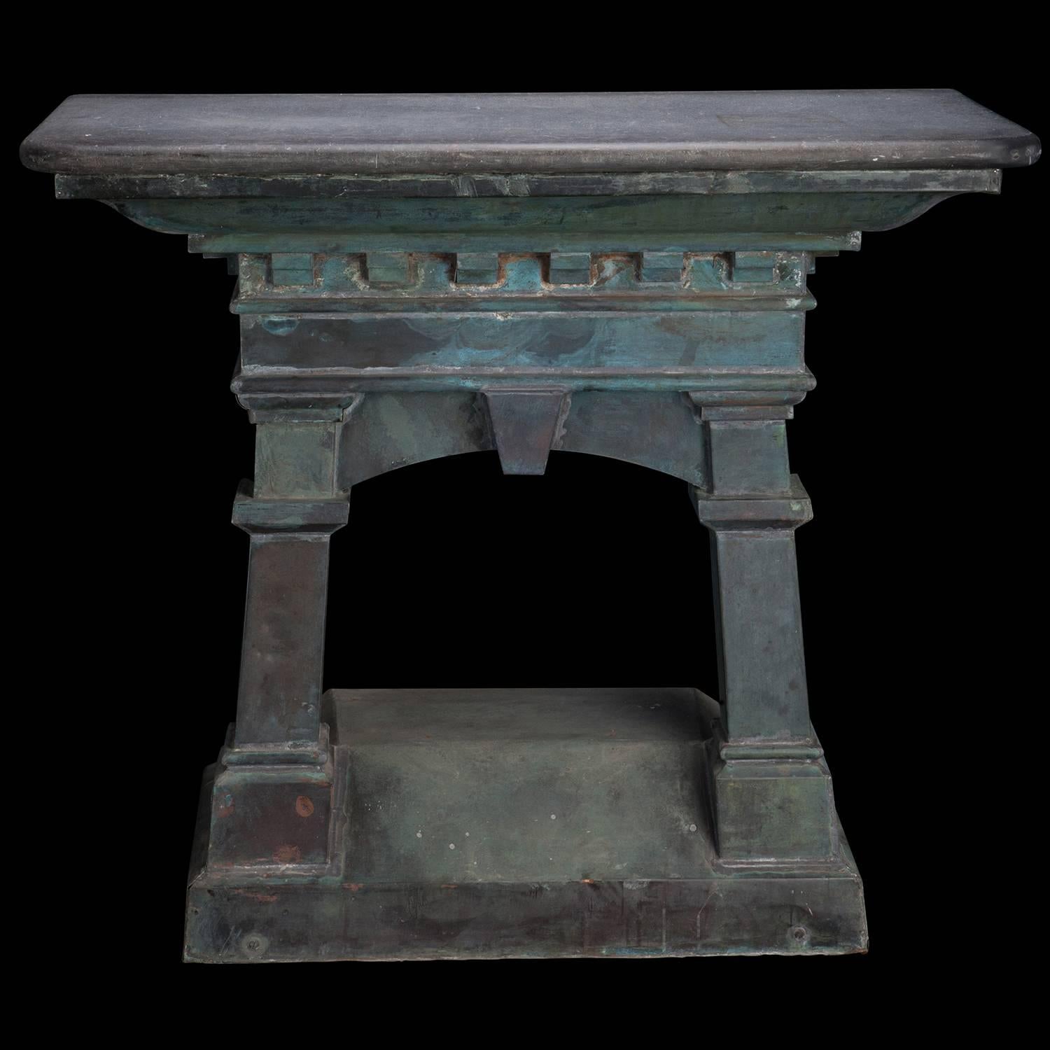 Copper and slate console table, England, circa 1900

Includes wonderful detailing and a beautiful verdigris patina.