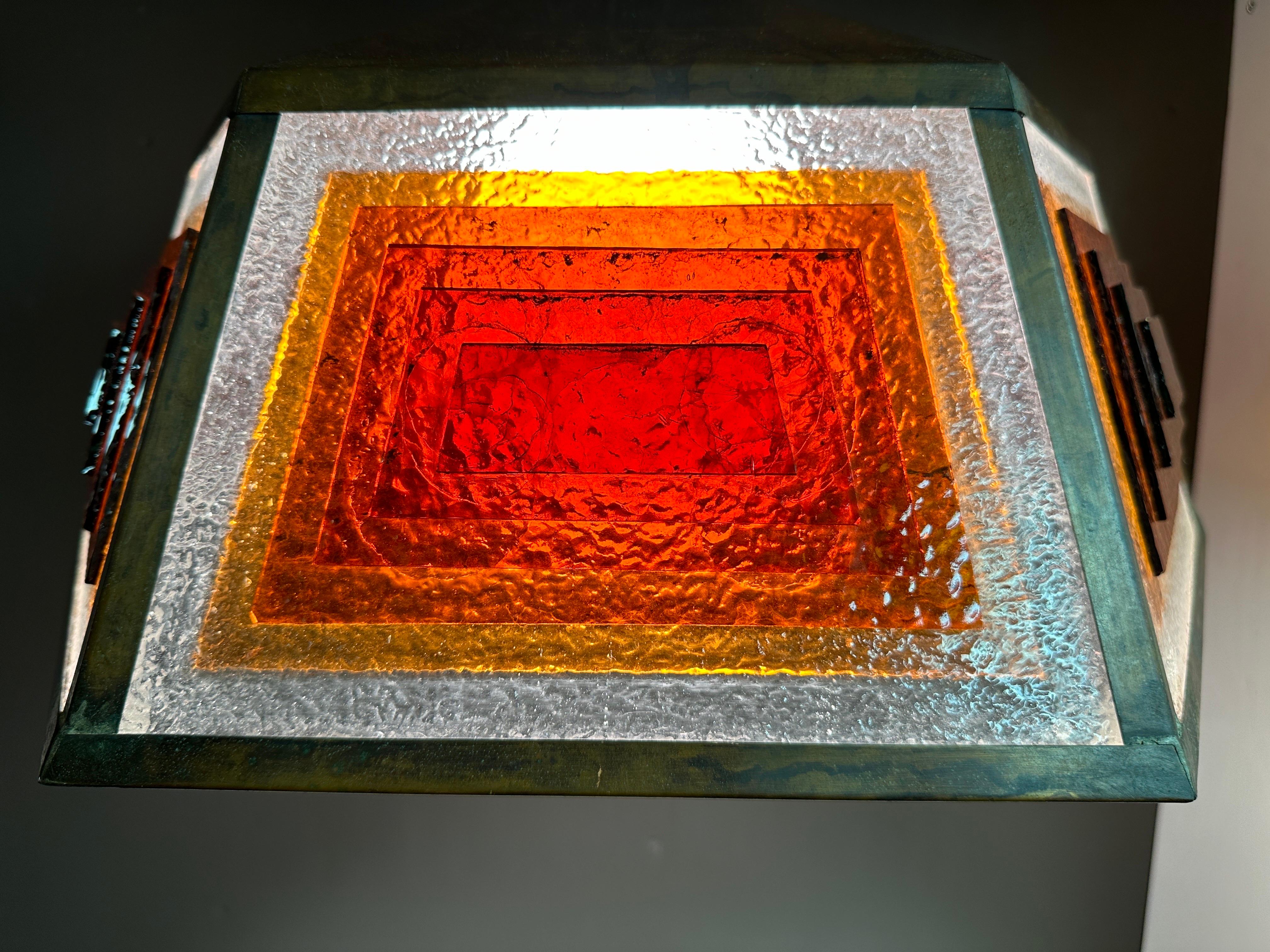 Copper and Stained Glass Light Fixture in the manner of Frank Lloyd Wright 3