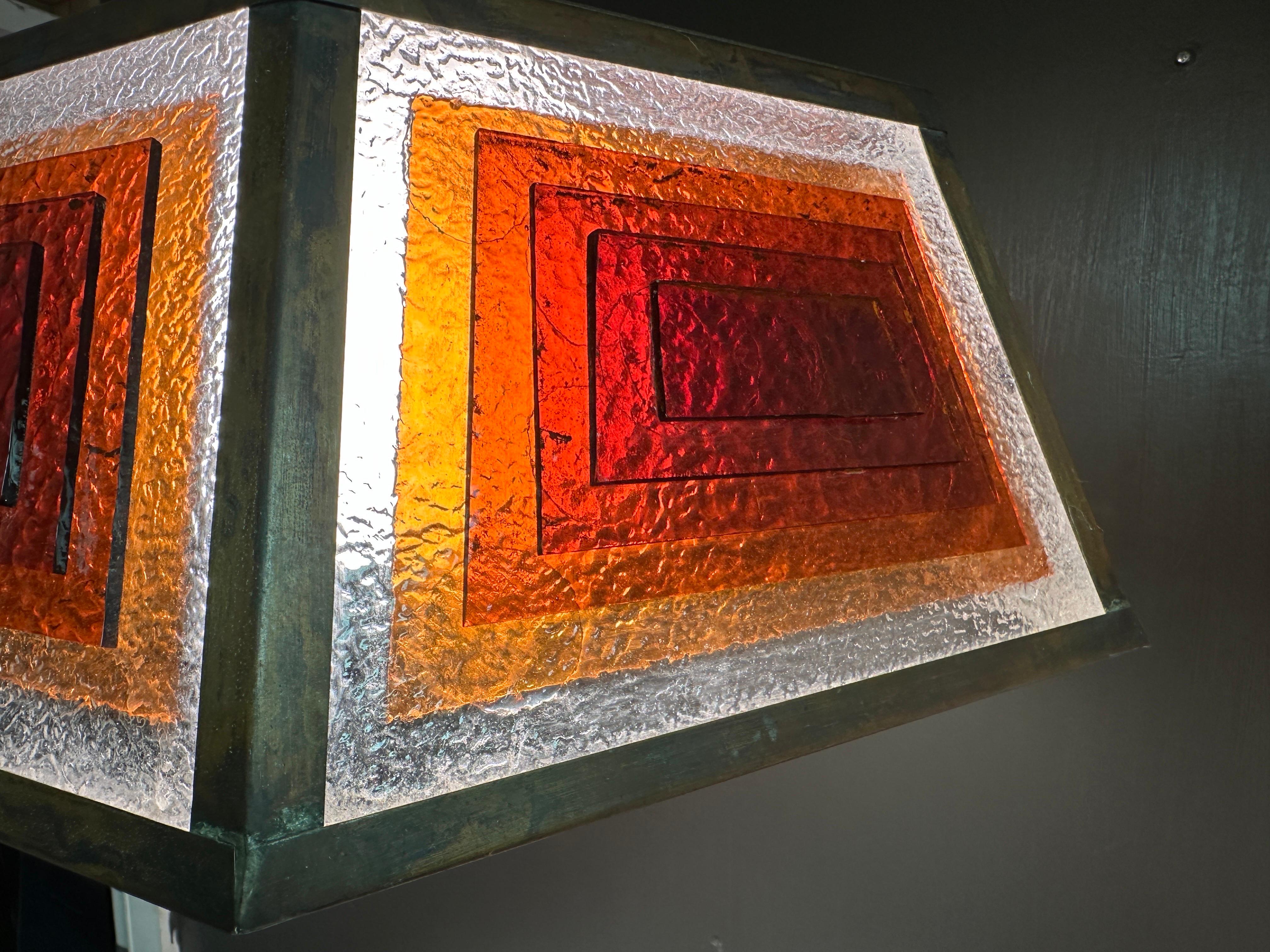Copper and Stained Glass Light Fixture in the manner of Frank Lloyd Wright 5