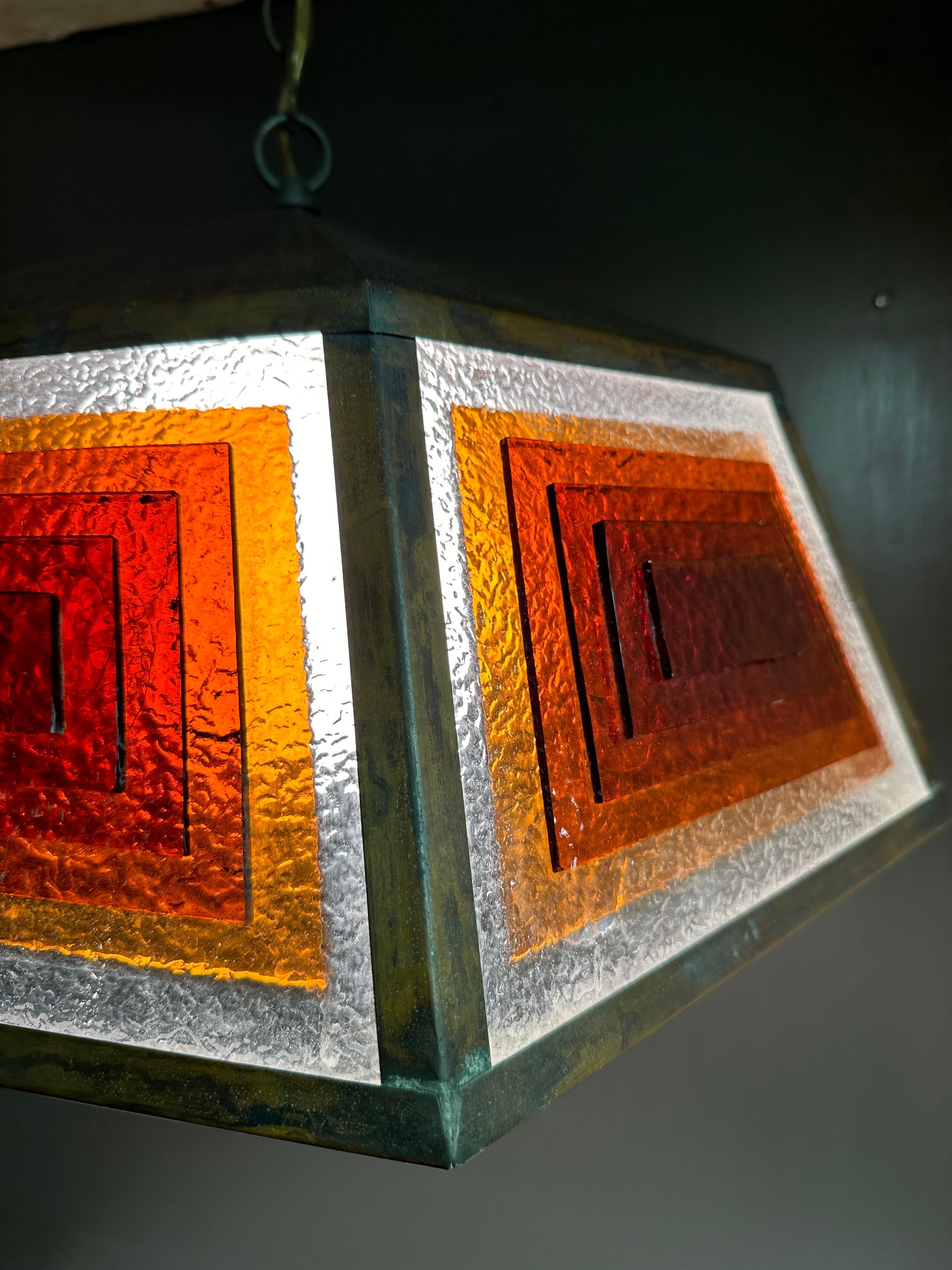 Copper and Stained Glass Light Fixture in the manner of Frank Lloyd Wright 6