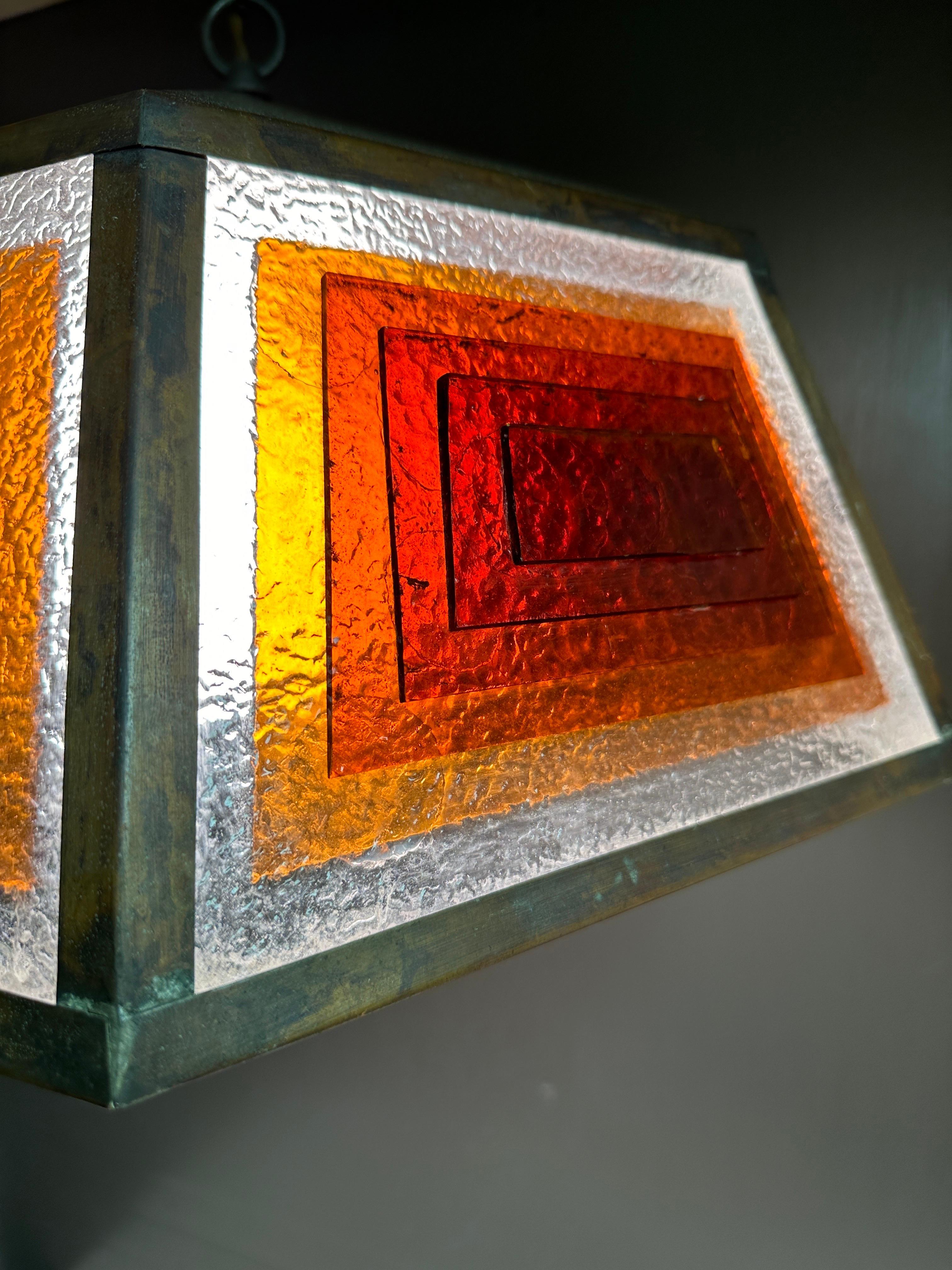 Copper and Stained Glass Light Fixture in the manner of Frank Lloyd Wright 7