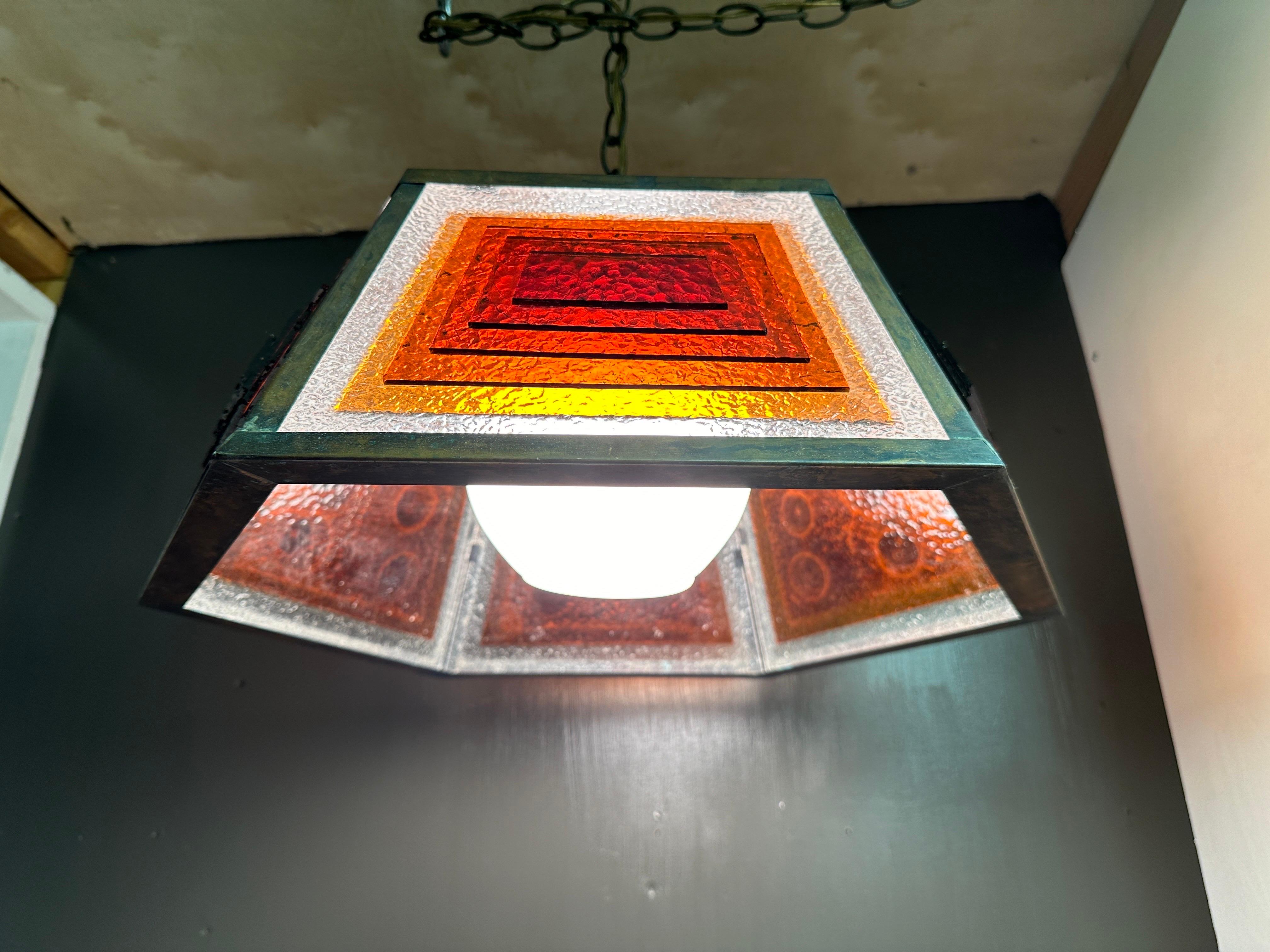 Arts and Crafts Copper and Stained Glass Light Fixture in the manner of Frank Lloyd Wright