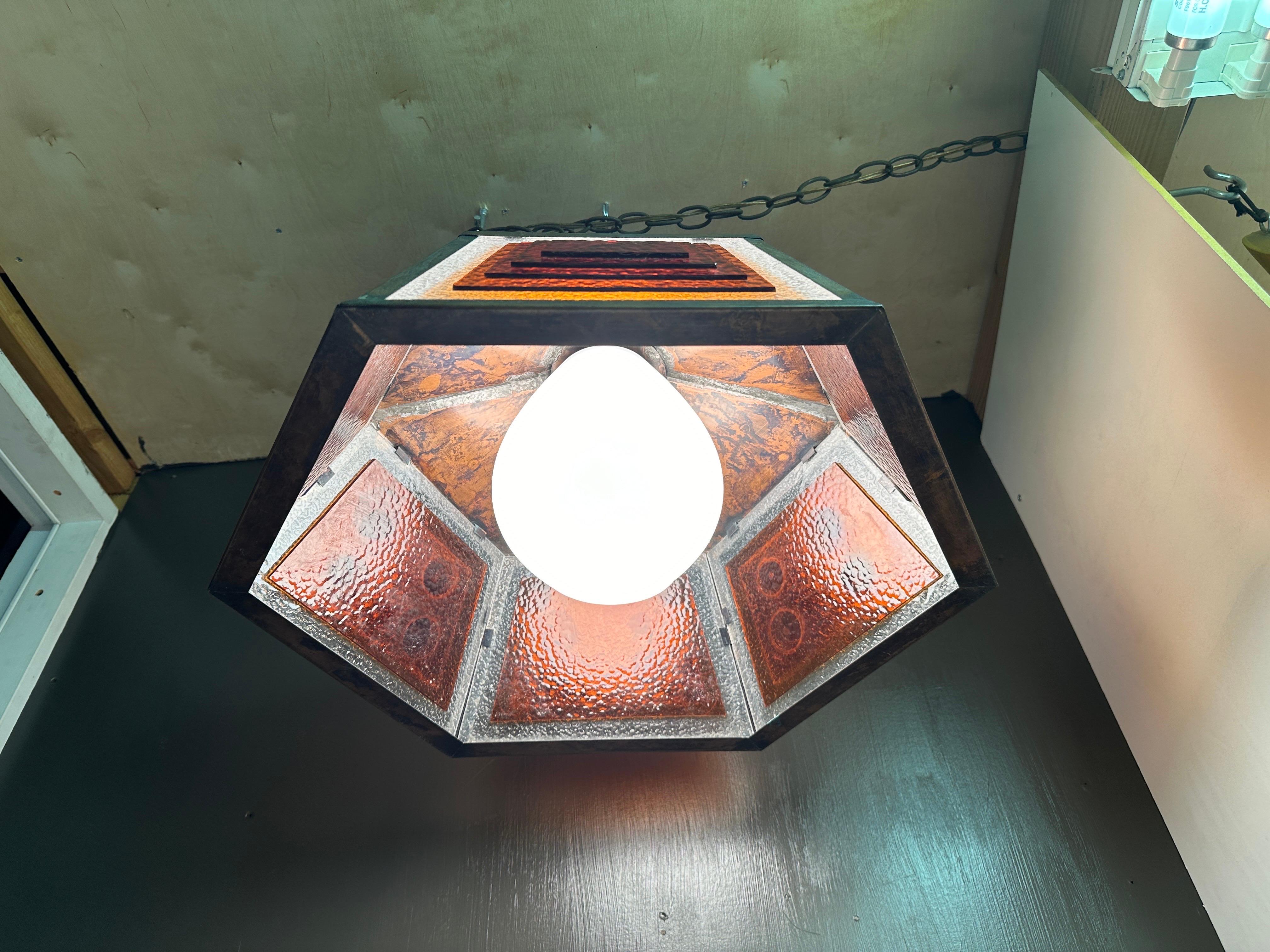 American Copper and Stained Glass Light Fixture in the manner of Frank Lloyd Wright