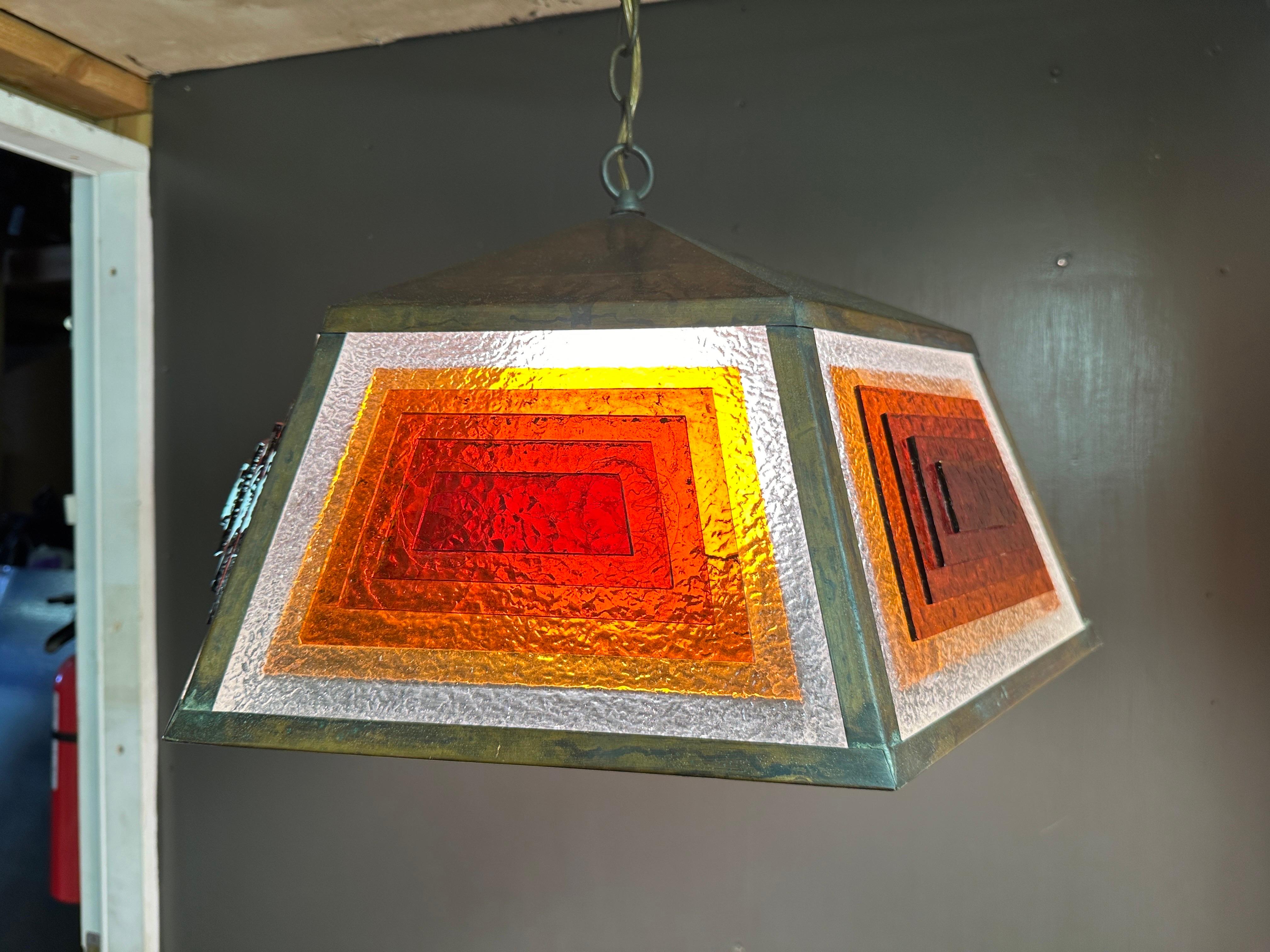 Patinated Copper and Stained Glass Light Fixture in the manner of Frank Lloyd Wright