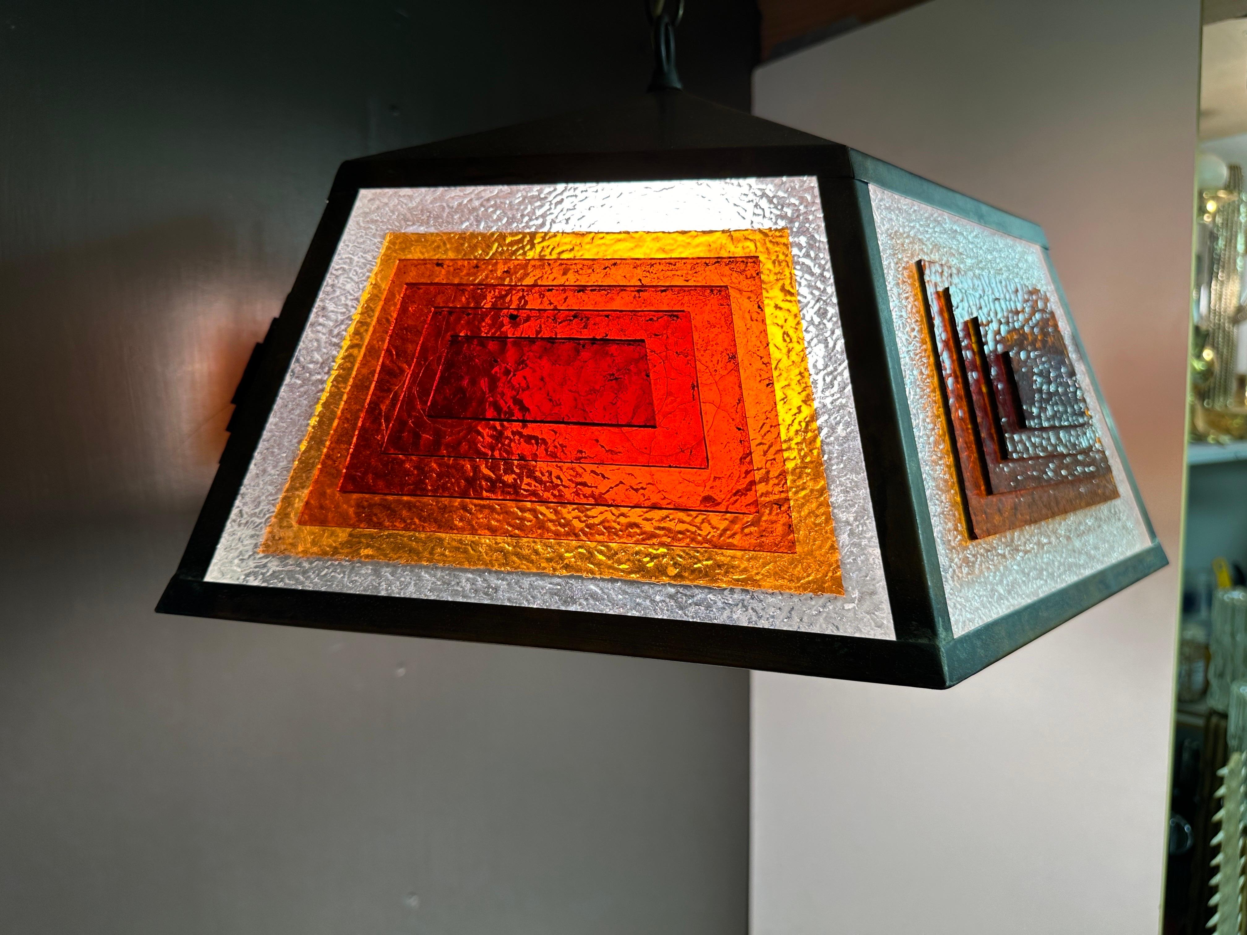 Copper and Stained Glass Light Fixture in the manner of Frank Lloyd Wright In Good Condition In North Hollywood, CA