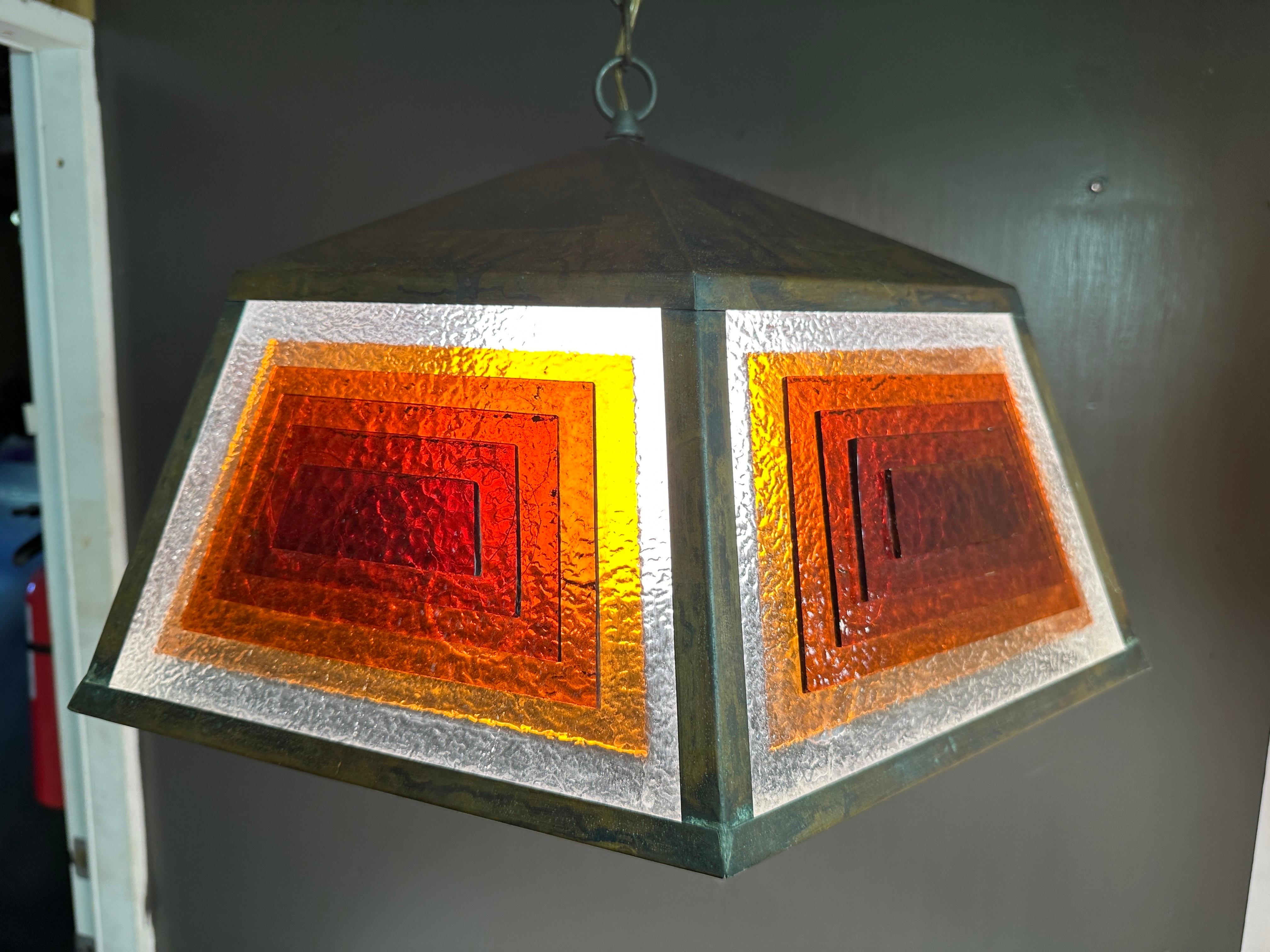 Copper and Stained Glass Light Fixture in the manner of Frank Lloyd Wright 1