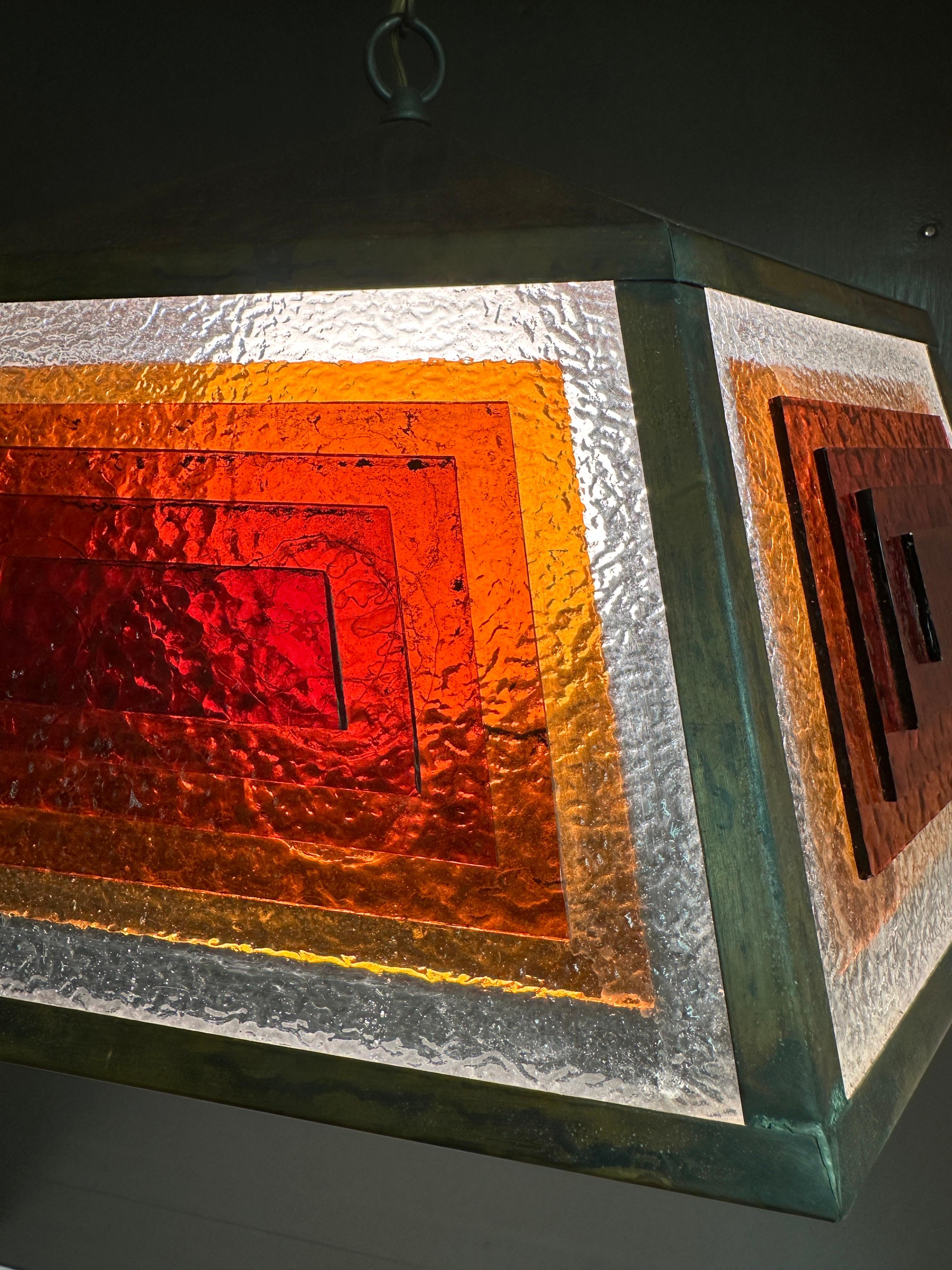 Copper and Stained Glass Light Fixture in the manner of Frank Lloyd Wright 2