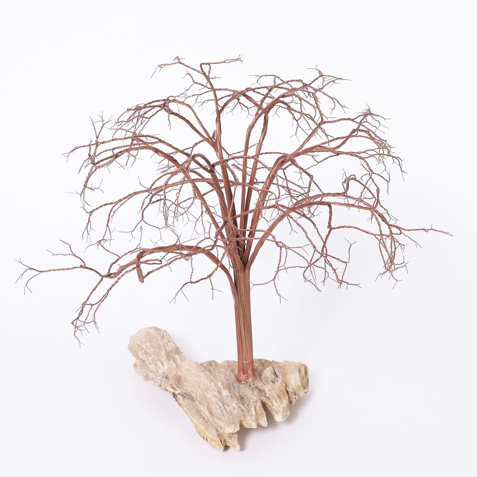 Mid-Century Modern Copper and Stone Tree Sculpture For Sale