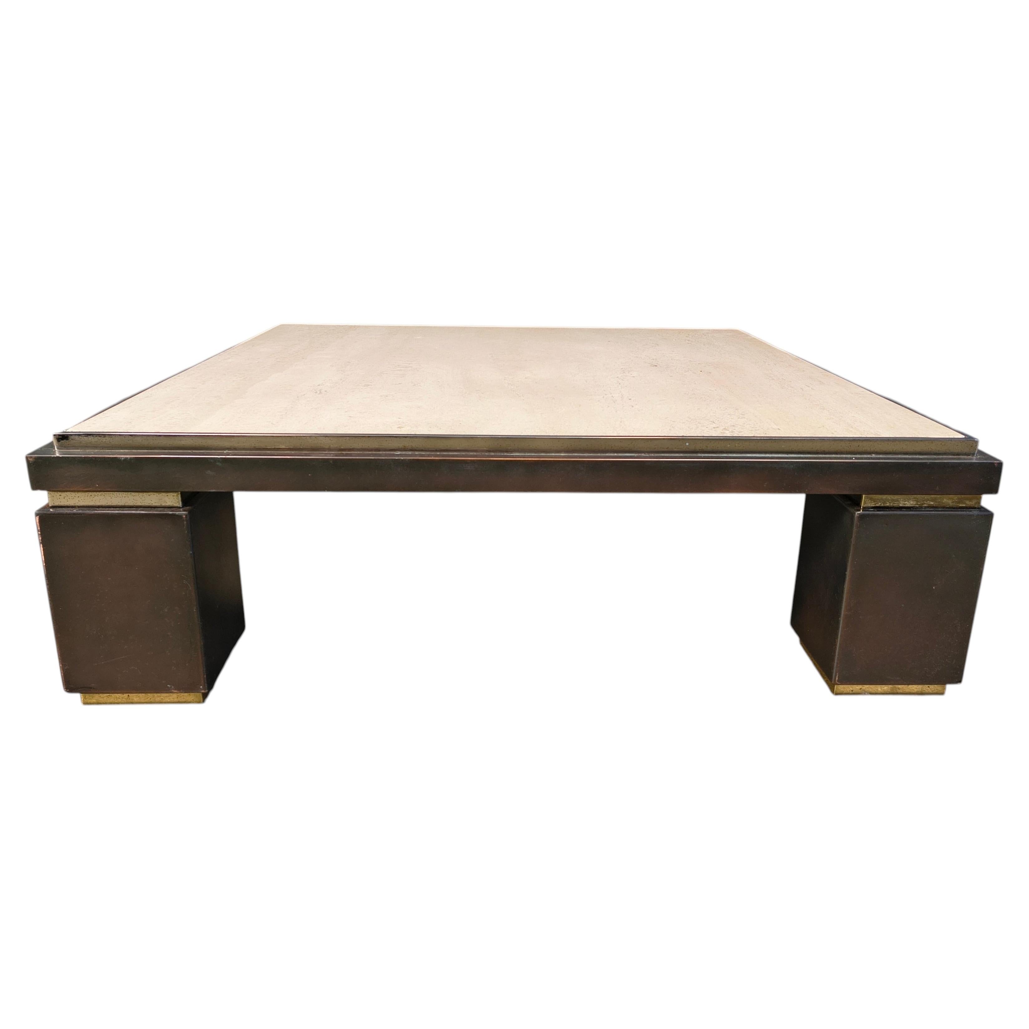 Copper and travertine coffee table by Belgochrom, 1970s
