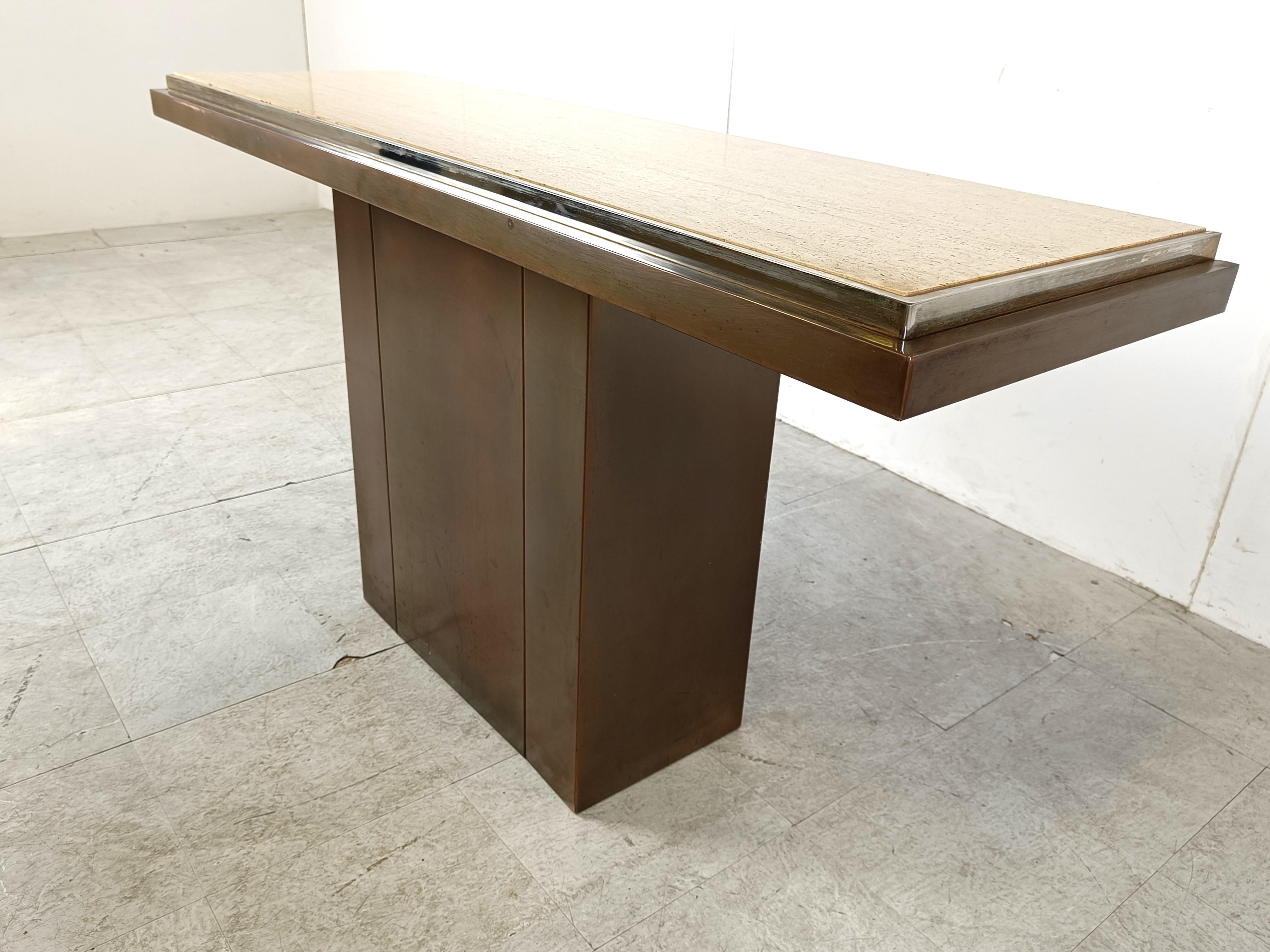 Copper and travertine console by Belgochrom, 1970s 4
