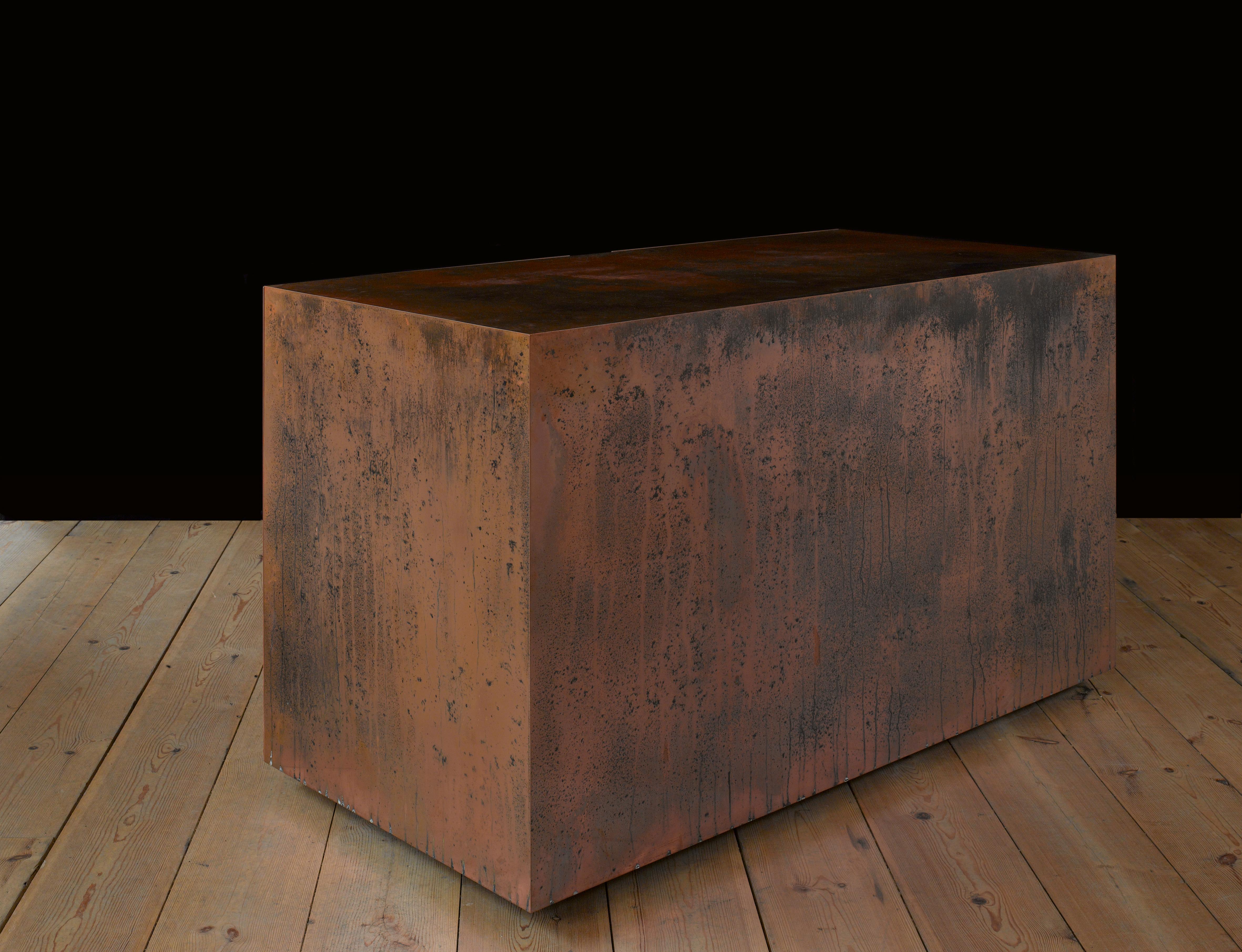 Initial appearance is of a patinated copper form but when the back is pulled out you reveal a walnut desk with drawers, a cupboard and a leather upholstered seat with back rest.
The copper is 6mm solid plate and all drawers, internal door and