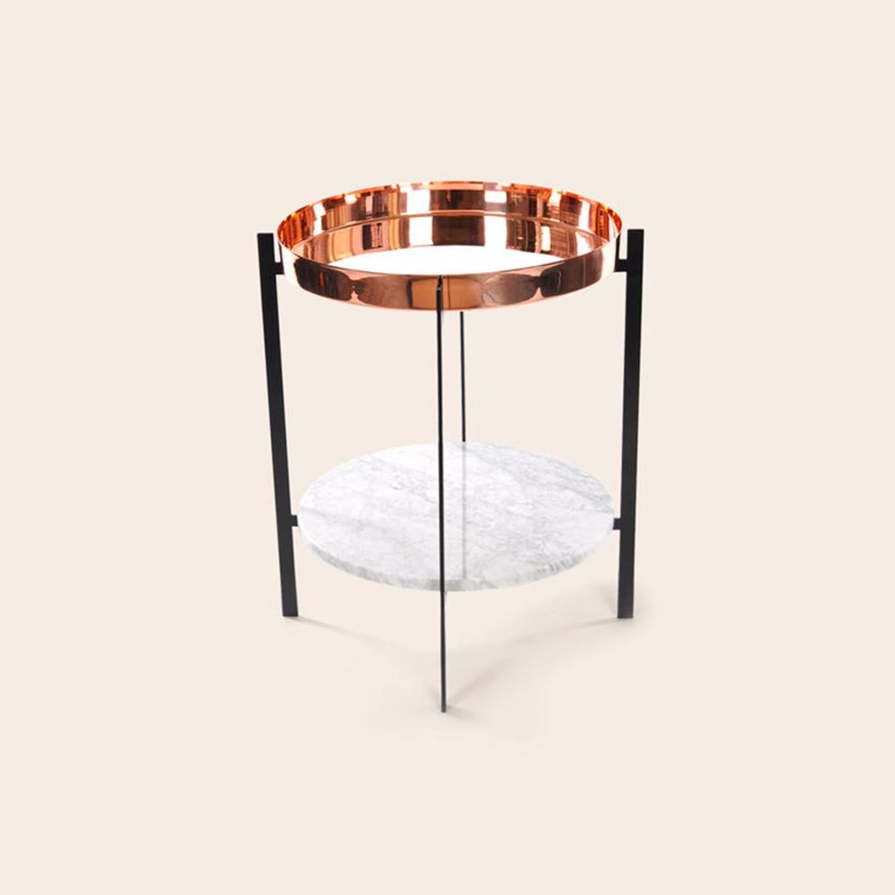 Copper and White Carrara Marble Deck Table by OxDenmarq
Dimensions: D 57 x W 57 x H 67 cm
Materials: Steel, White Carrara Marble, Copper
Also Available: Different tray conbinations available,

OX DENMARQ is a Danish design brand aspiring to