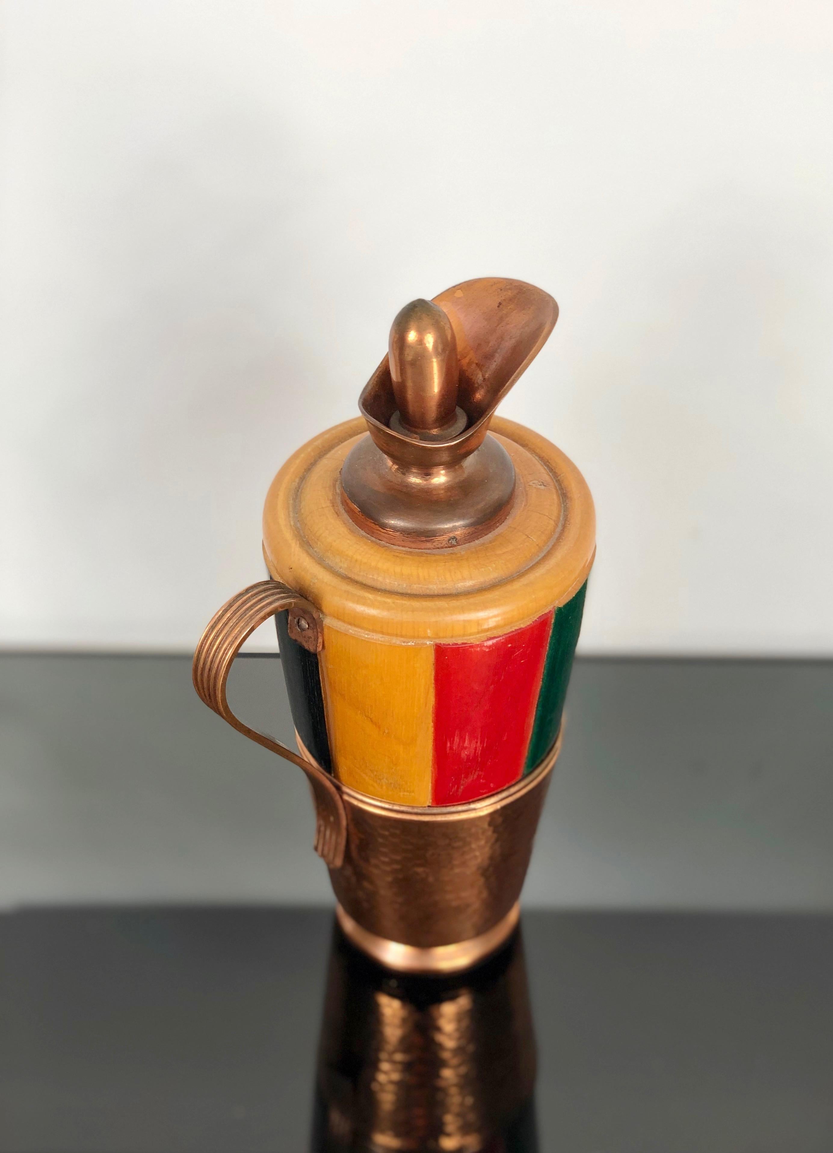 Italian Copper and Wood Thermos Decanter Pitcher by Aldo Tura, Macabo, Italy, 1950s For Sale