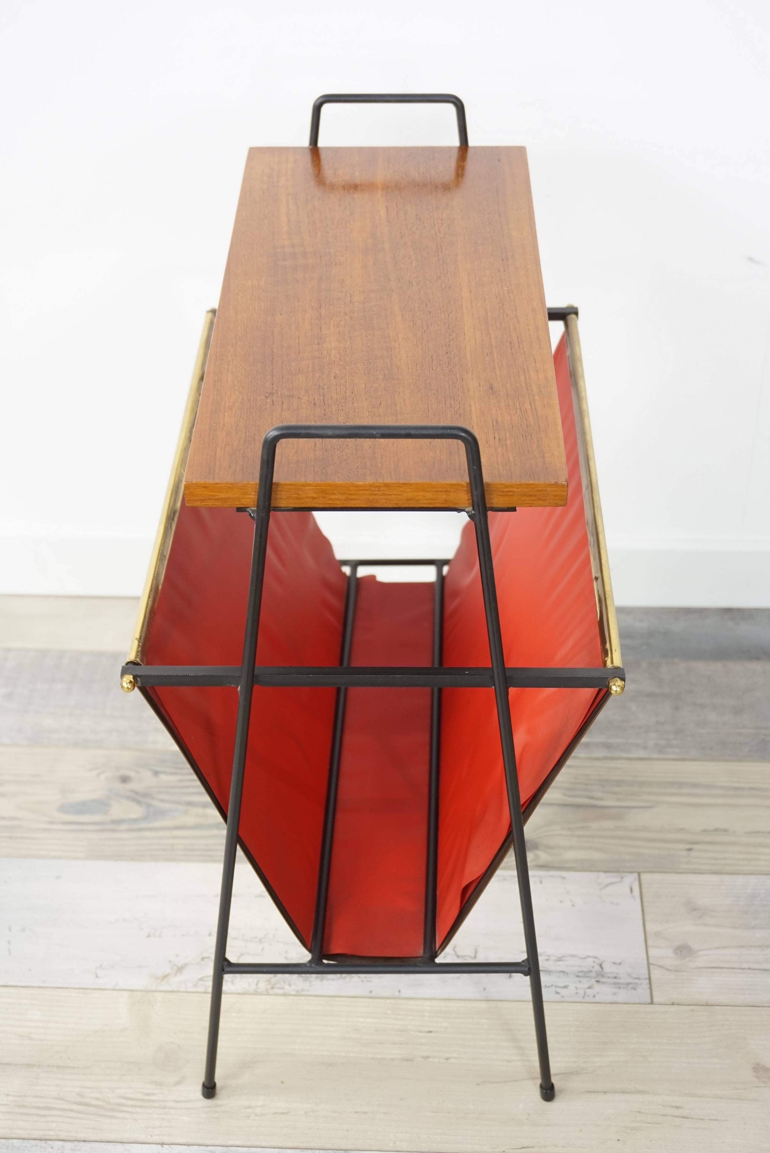 Belgian Copper and Wooden Teak Side Table with Magazine Rack from the 1950s