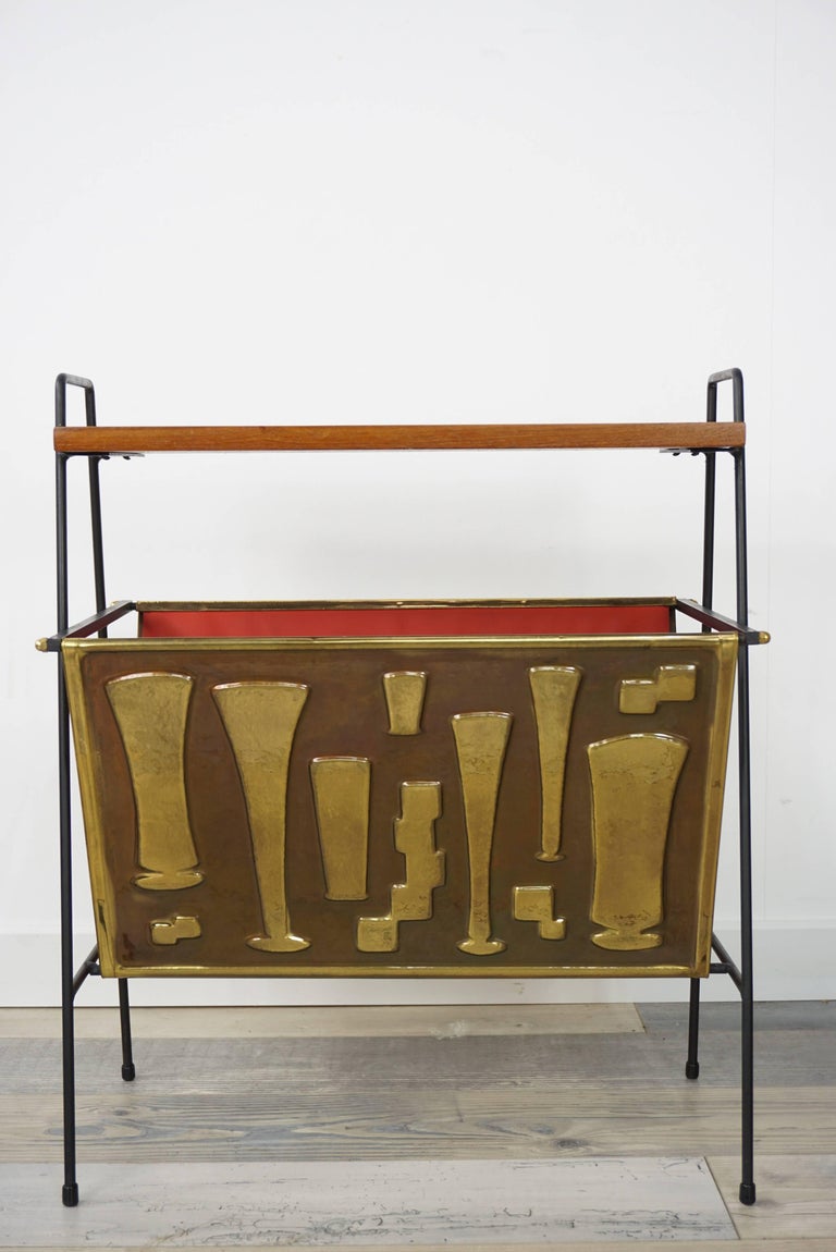 Copper and Wooden Teak Side Table with Magazine Rack from the 1950s at