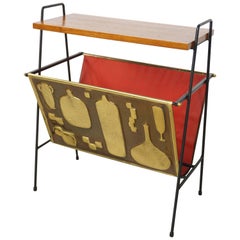 Copper and Wooden Teak Side Table with Magazine Rack from the 1950s