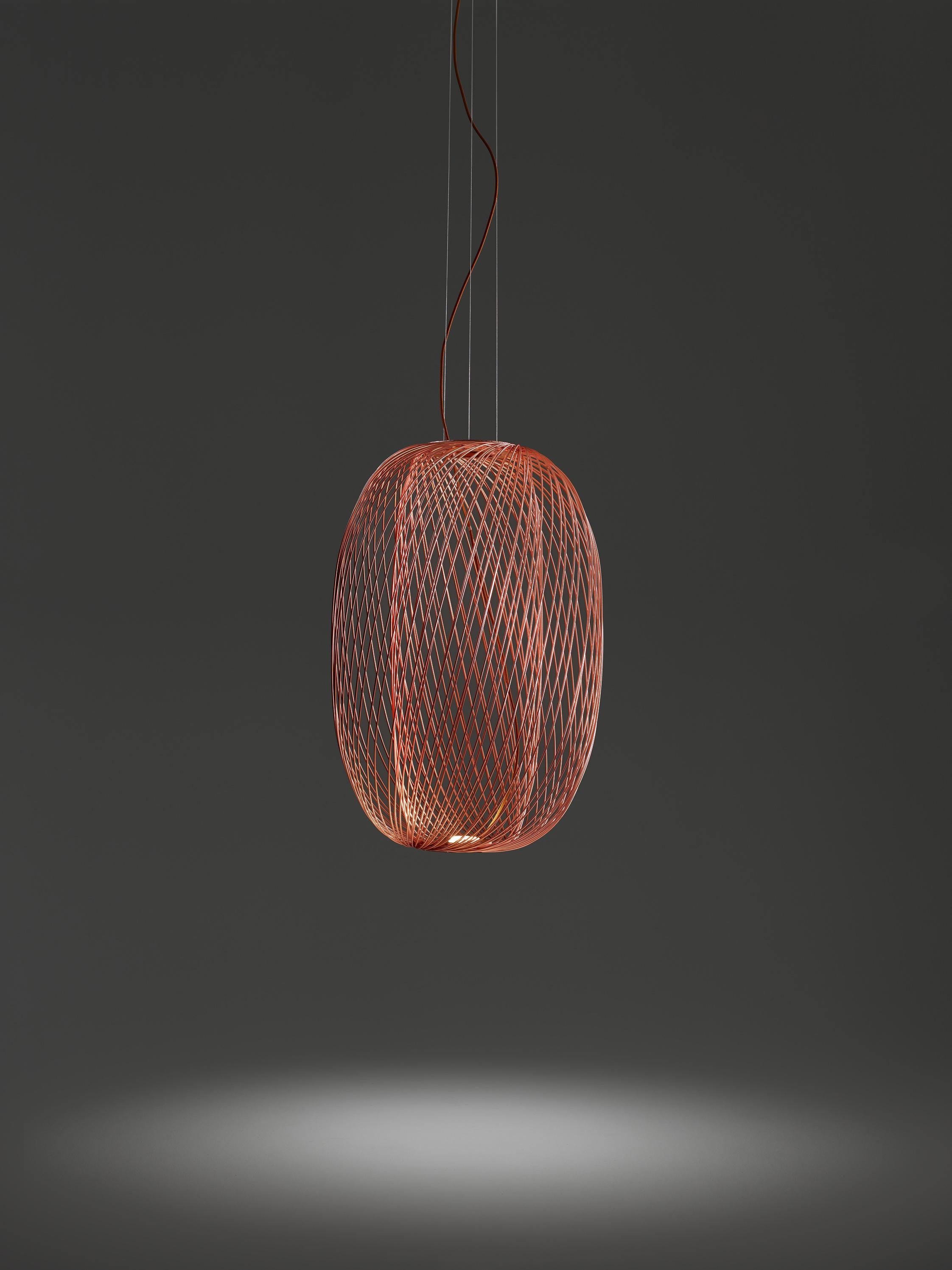 Copper Anwar T 90 by Parachilna
Dimensions: D 60 x H 90 cm. 
Materials: Steel Structure.
Weight: 13.8 kg

Each structure is composed by nearly 100 steel rods welded one by one. It’s an artisanal lamp that reminds traditional wicker baskets.