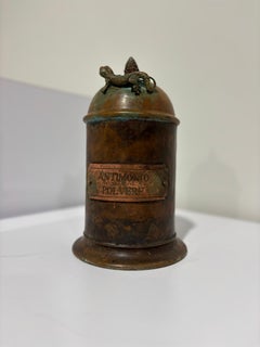 Copper Apothecary Jar “Antimonio Polvere” with Lizard Finial