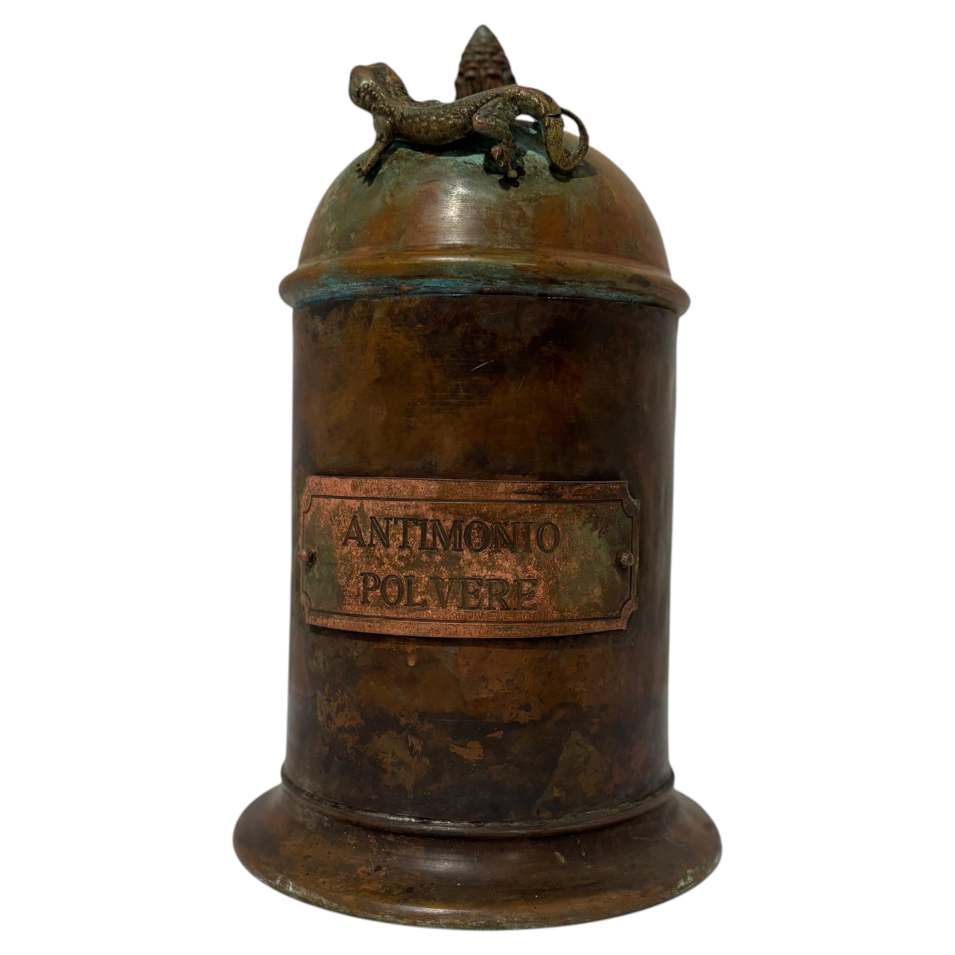 Copper Apothecary Jar “Antimonio Polvere” with Lizard Finial For Sale
