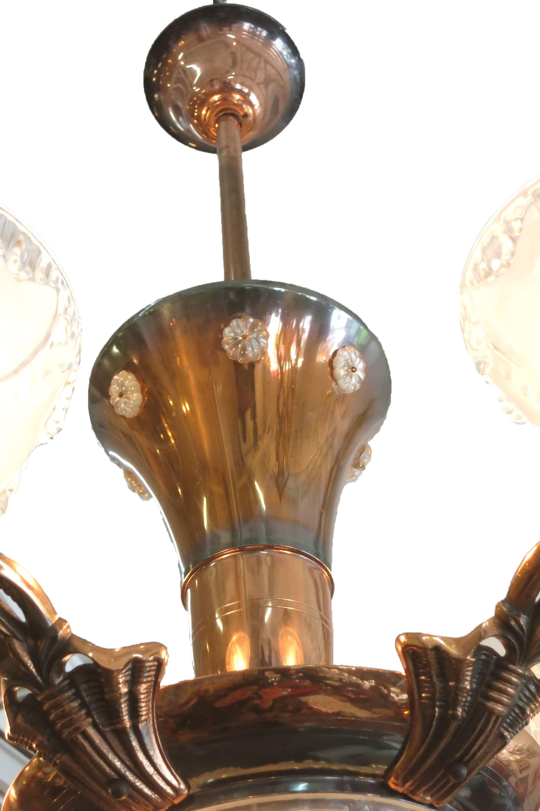 American Copper Art Deco Style Chandelier with Frosted Glass Shades