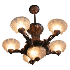 Copper Art Deco Style Chandelier with Frosted Glass Shades