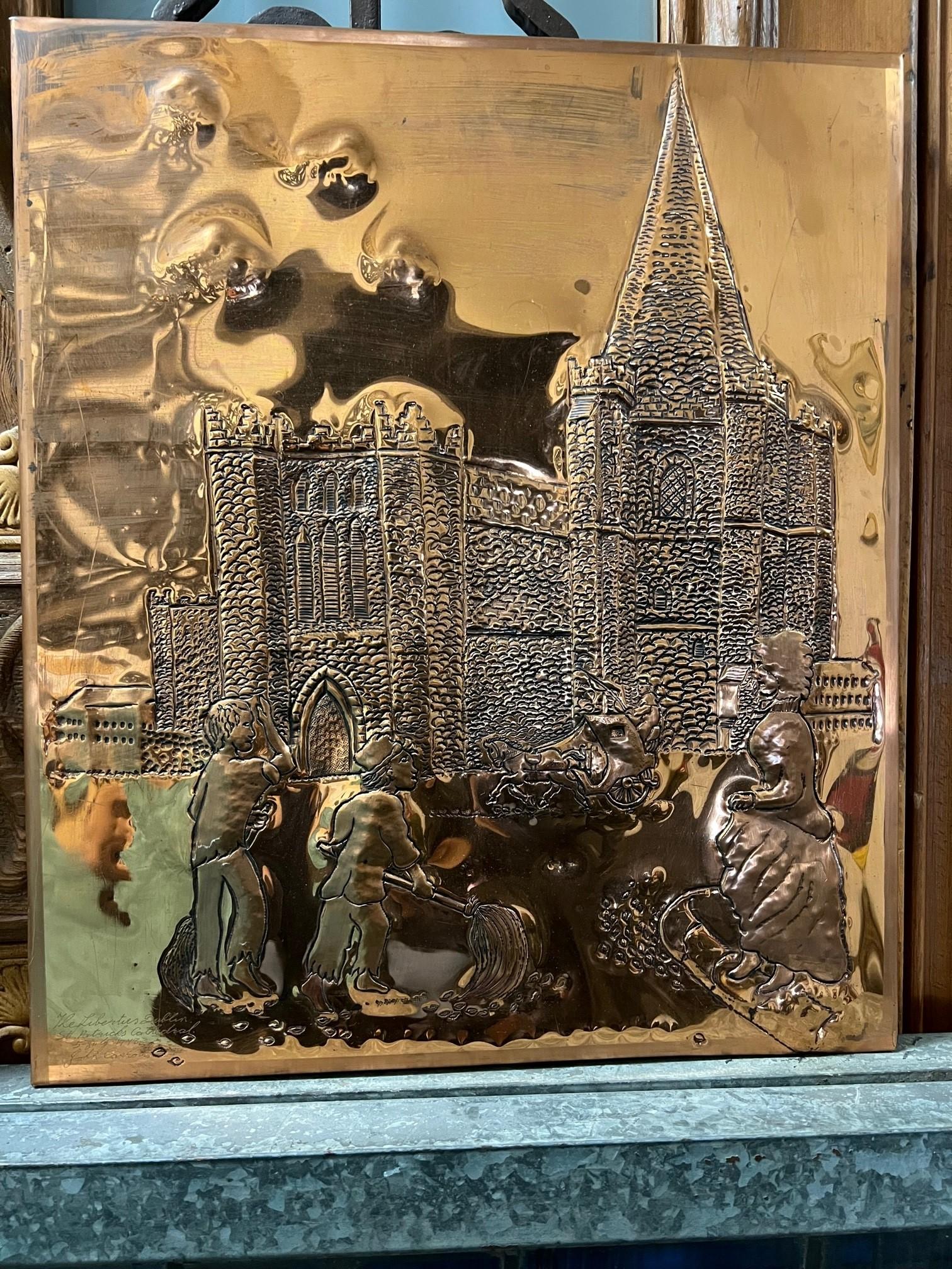 Late 20th Century hand hammered copper panel of Saint Patricks Cathedral in The Liberties, Dublin Ireland. Saint Patricks in Dublin was founded in the year 1191 as a Roman Catholic cathedral of the Church of Ireland. Since 1870 it has been