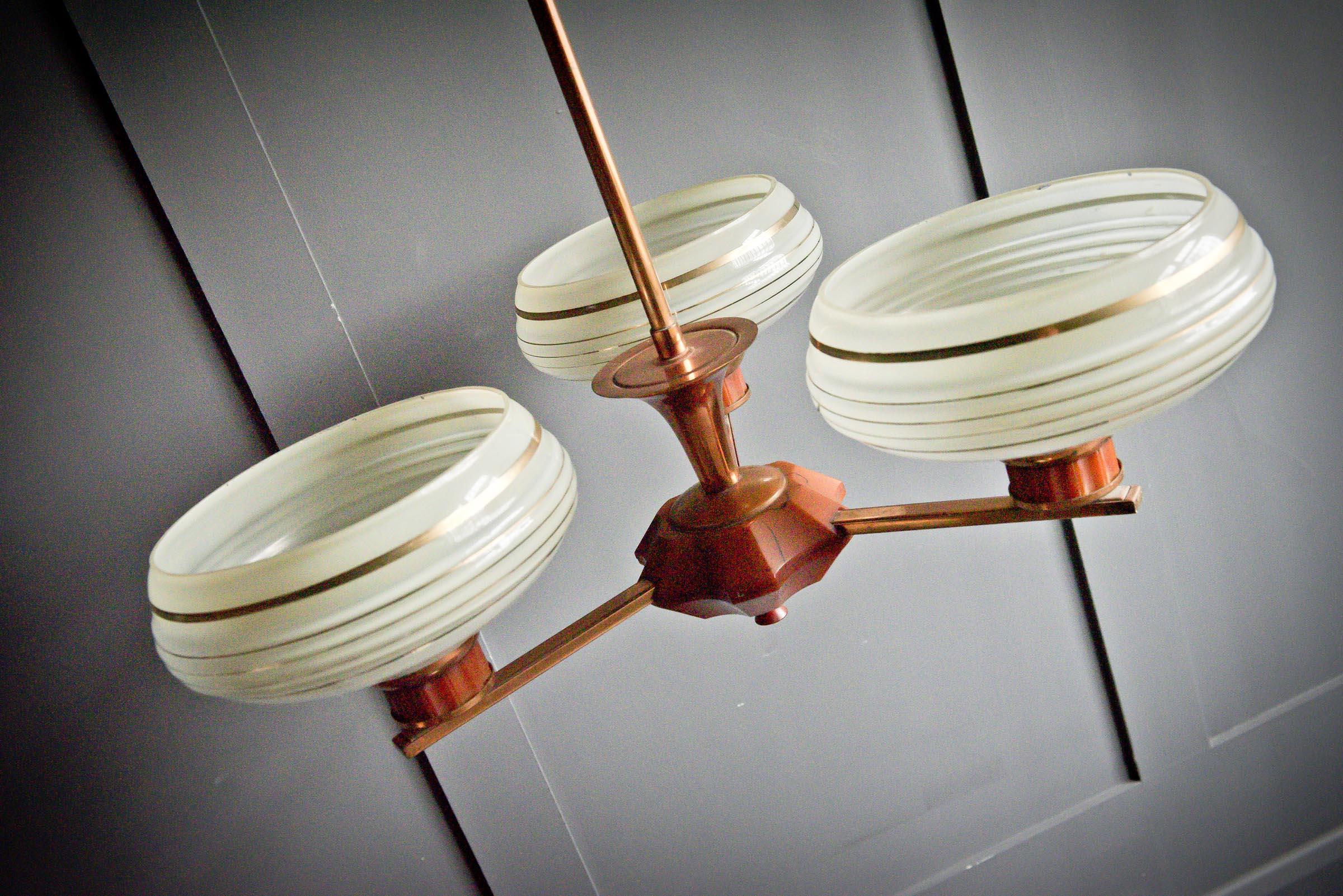 Copper Bakerlite Art Deco 1920s Triple Pendant For Sale 2
