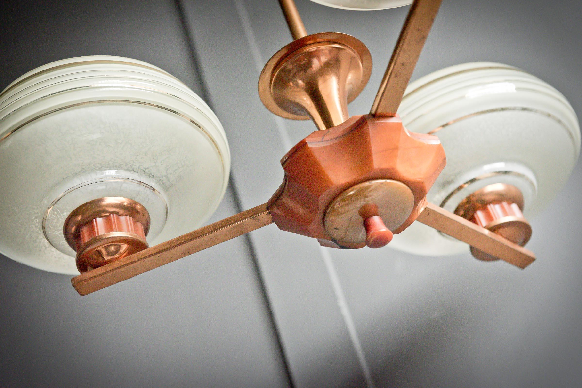 Copper Bakerlite Art Deco 1920s Triple Pendant For Sale 3