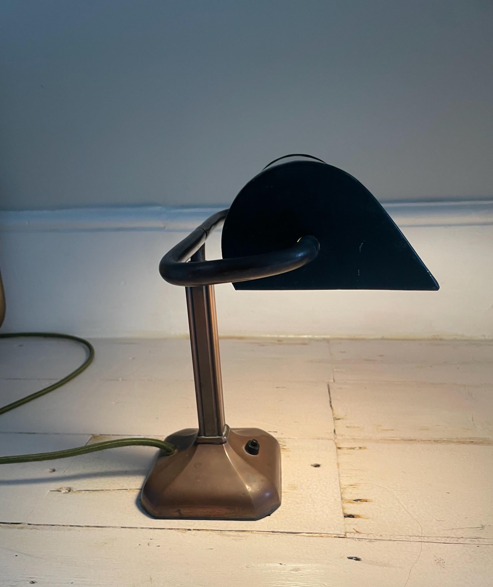 British Copper Banker's Desk Lamp, dark green shade, England 1930's For Sale
