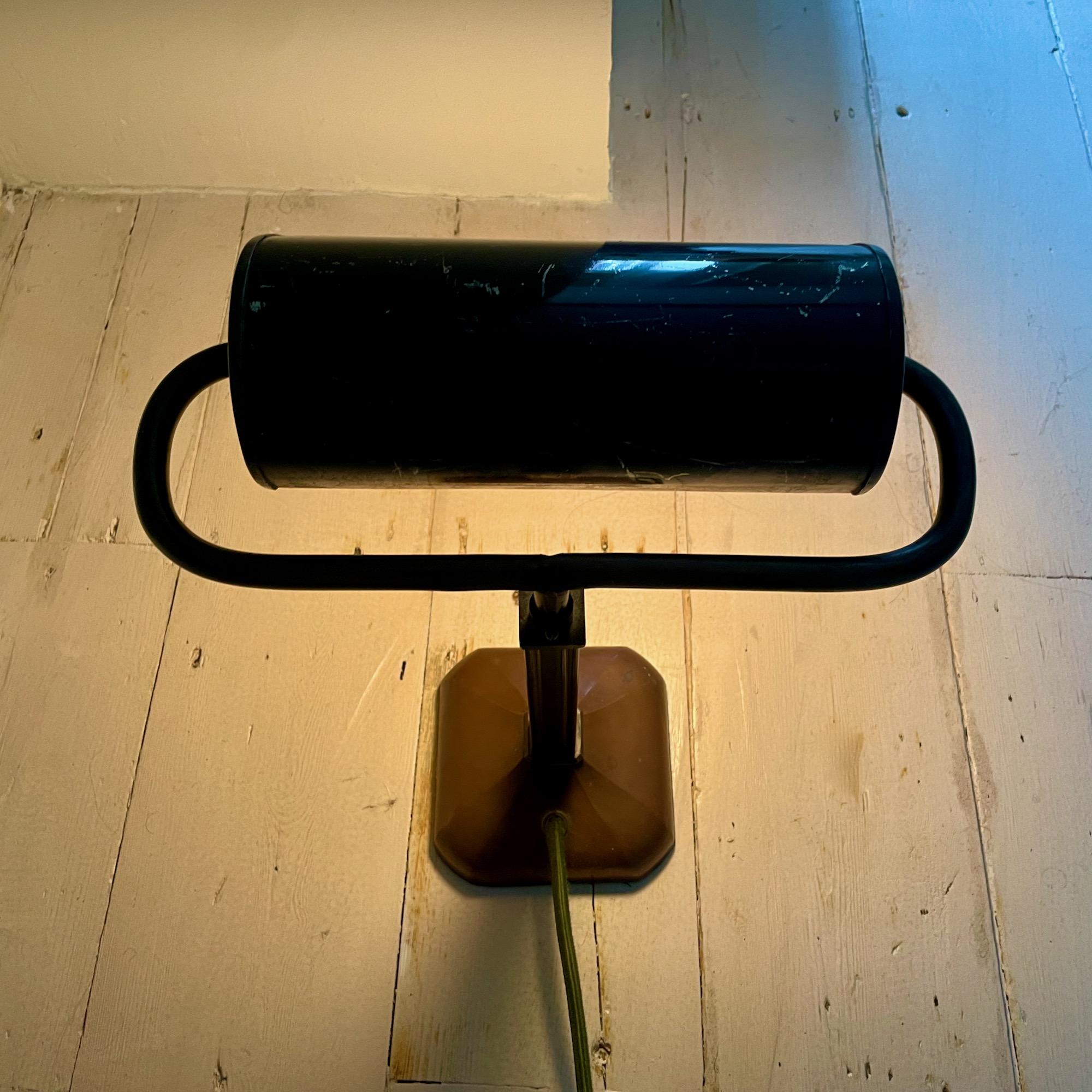 20th Century Copper Banker's Desk Lamp, dark green shade, England 1930's For Sale