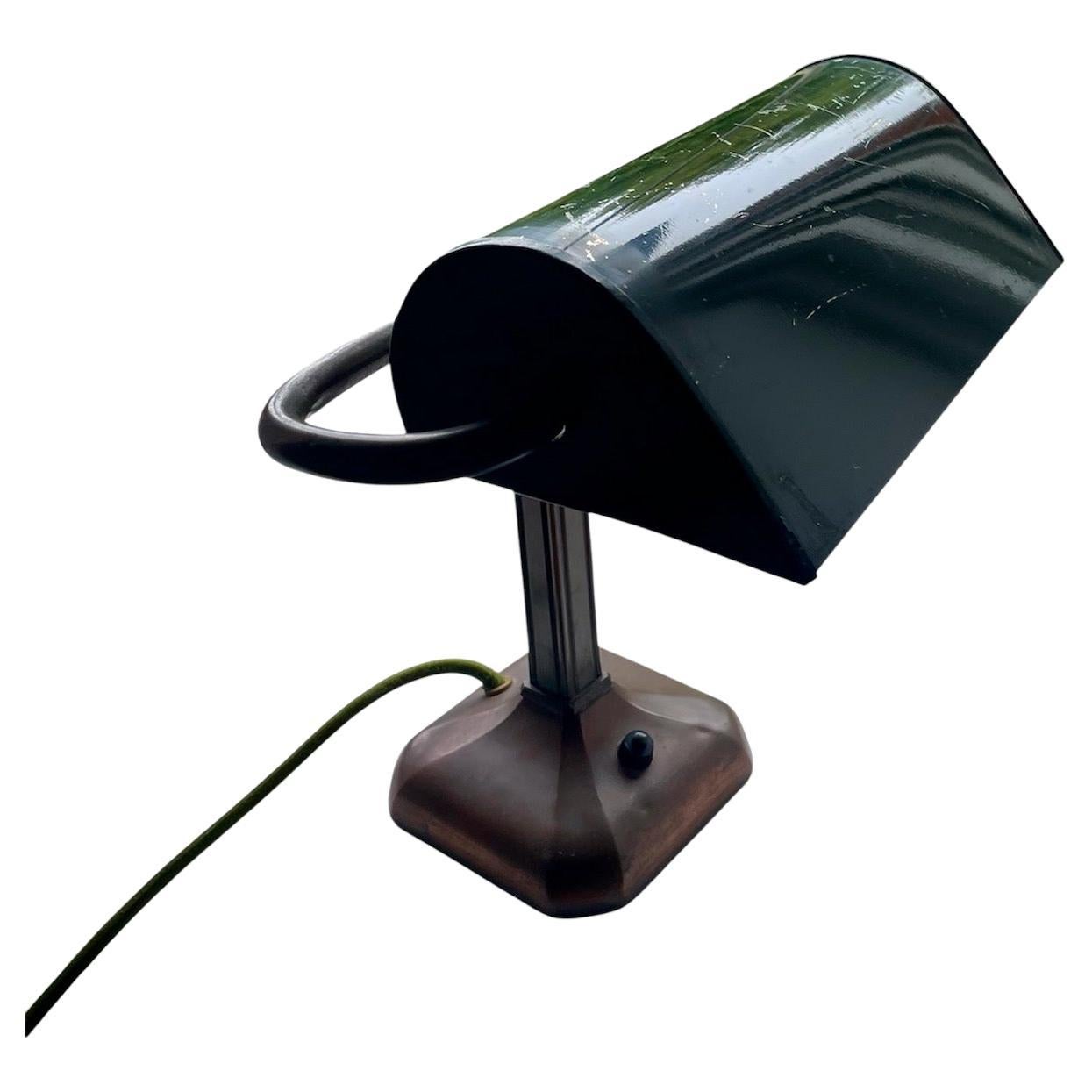 Copper Banker's Desk Lamp, dark green shade, England 1930's For Sale