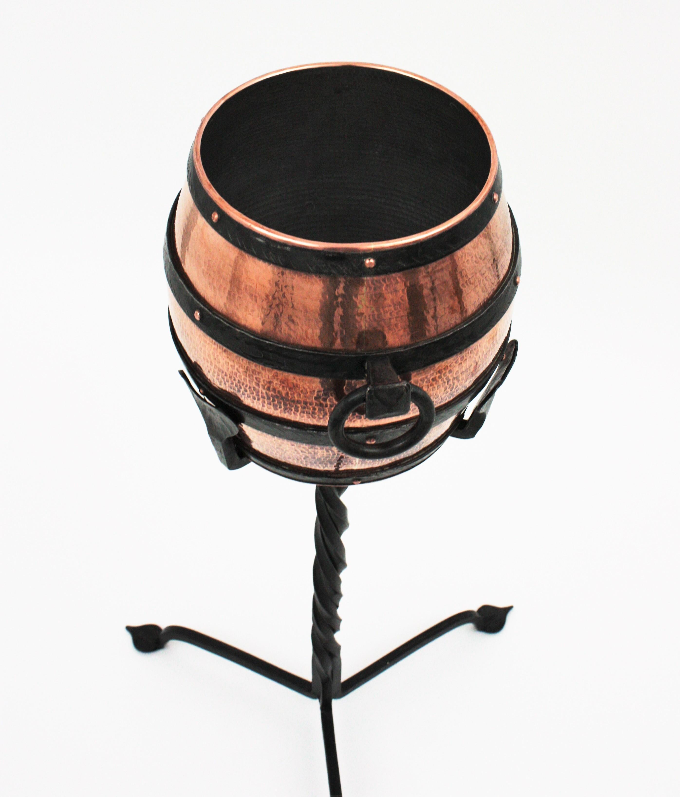 Copper Barrel Ice Bucket Champagne Cooler on Hand Forged Iron Stand 2