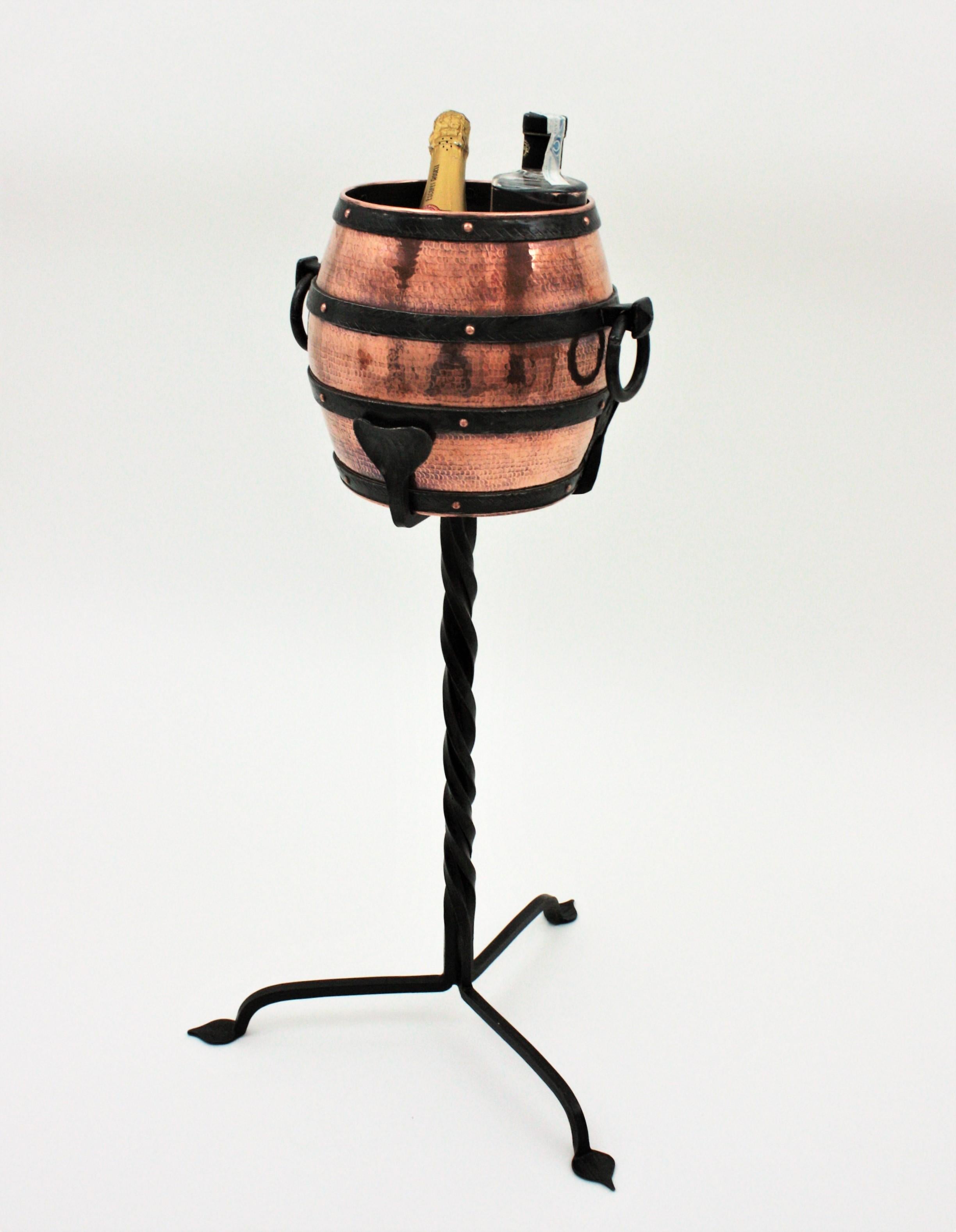 Copper Barrel Ice Bucket Champagne Cooler on Hand Forged Iron Stand 5