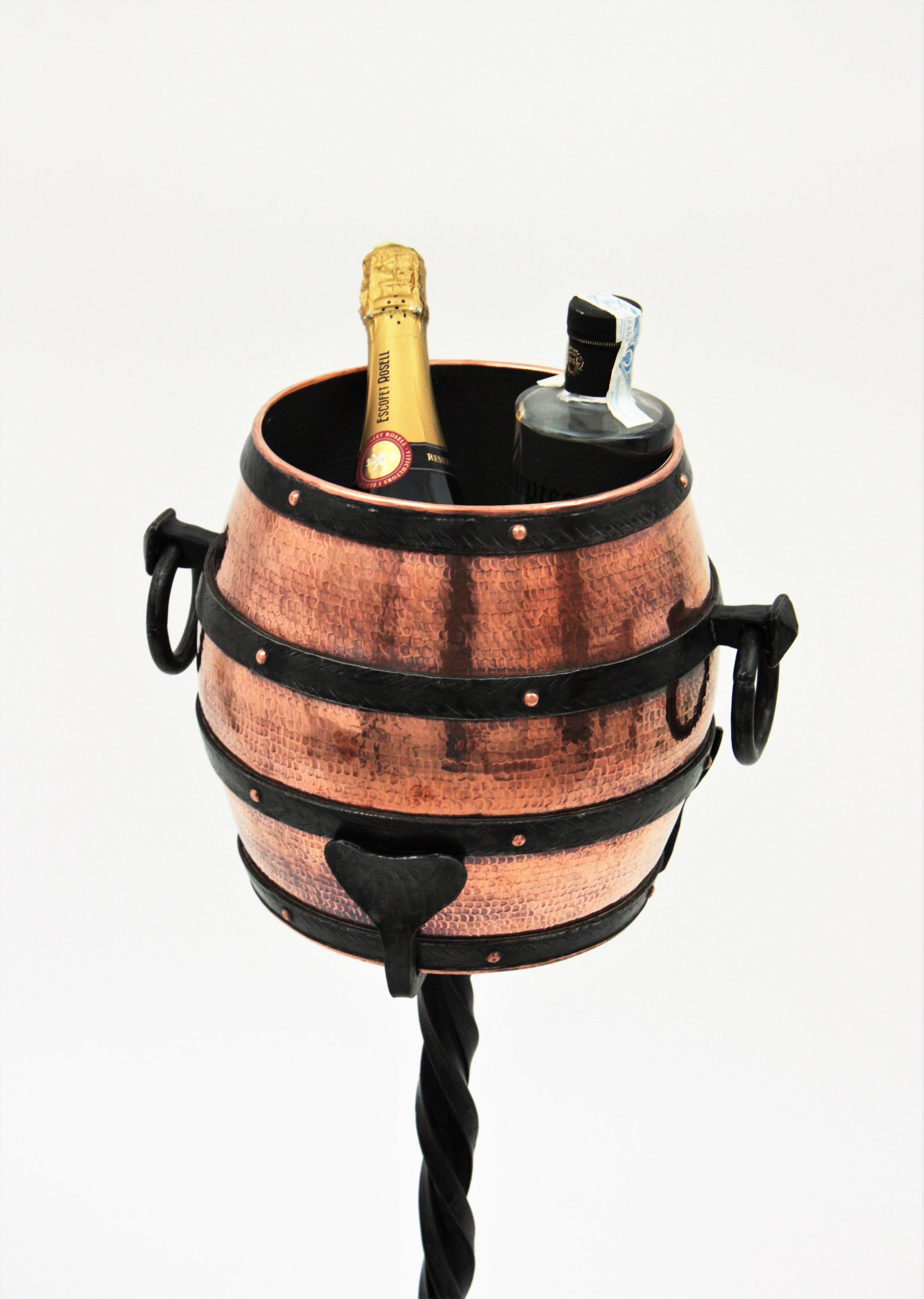 Rustic Copper Barrel Ice Bucket Champagne Cooler on Hand Forged Iron Stand