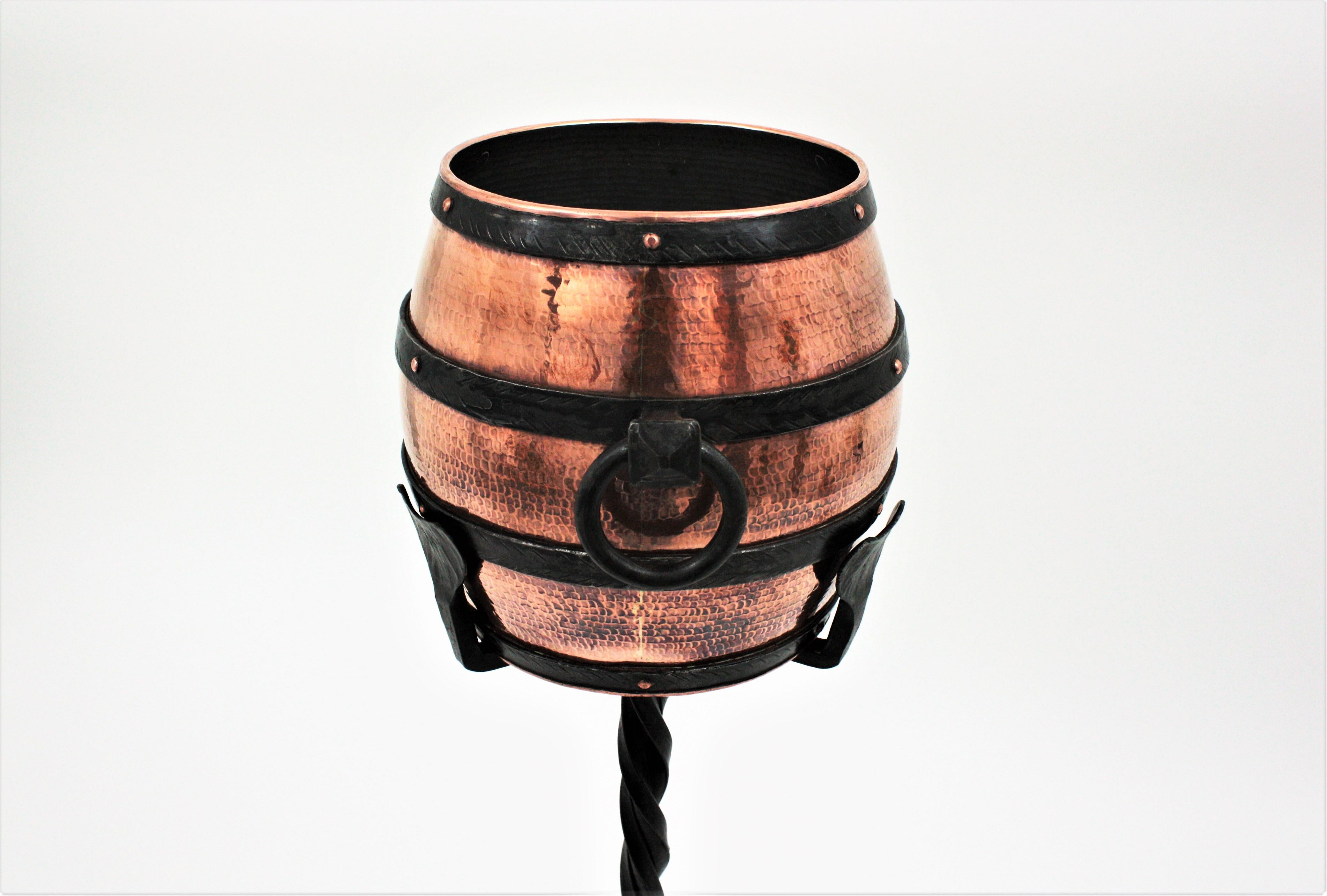Spanish Copper Barrel Ice Bucket Champagne Cooler on Hand Forged Iron Stand